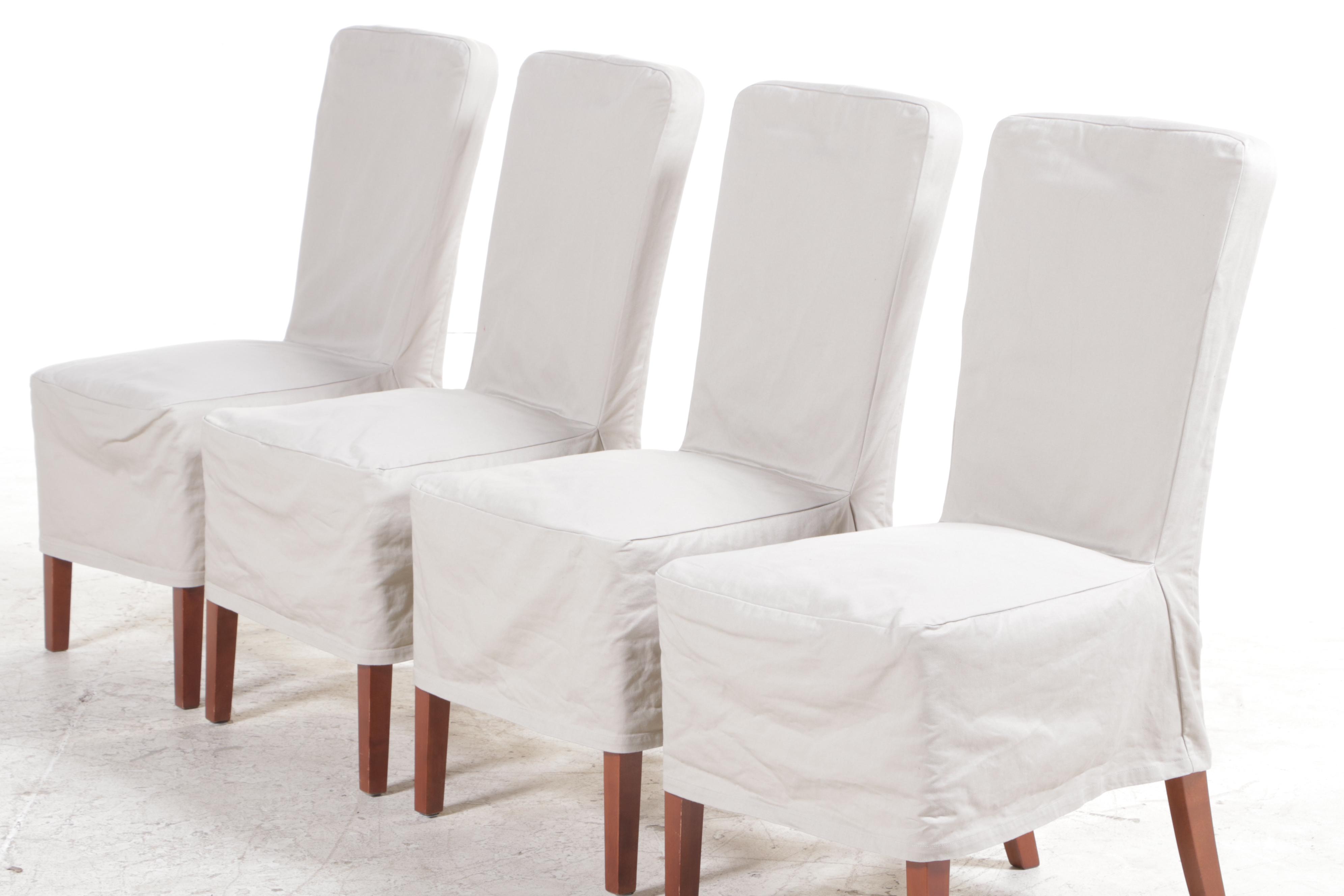 Six Pottery Barn "Megan" Slip-Covered Birch Side Chairs