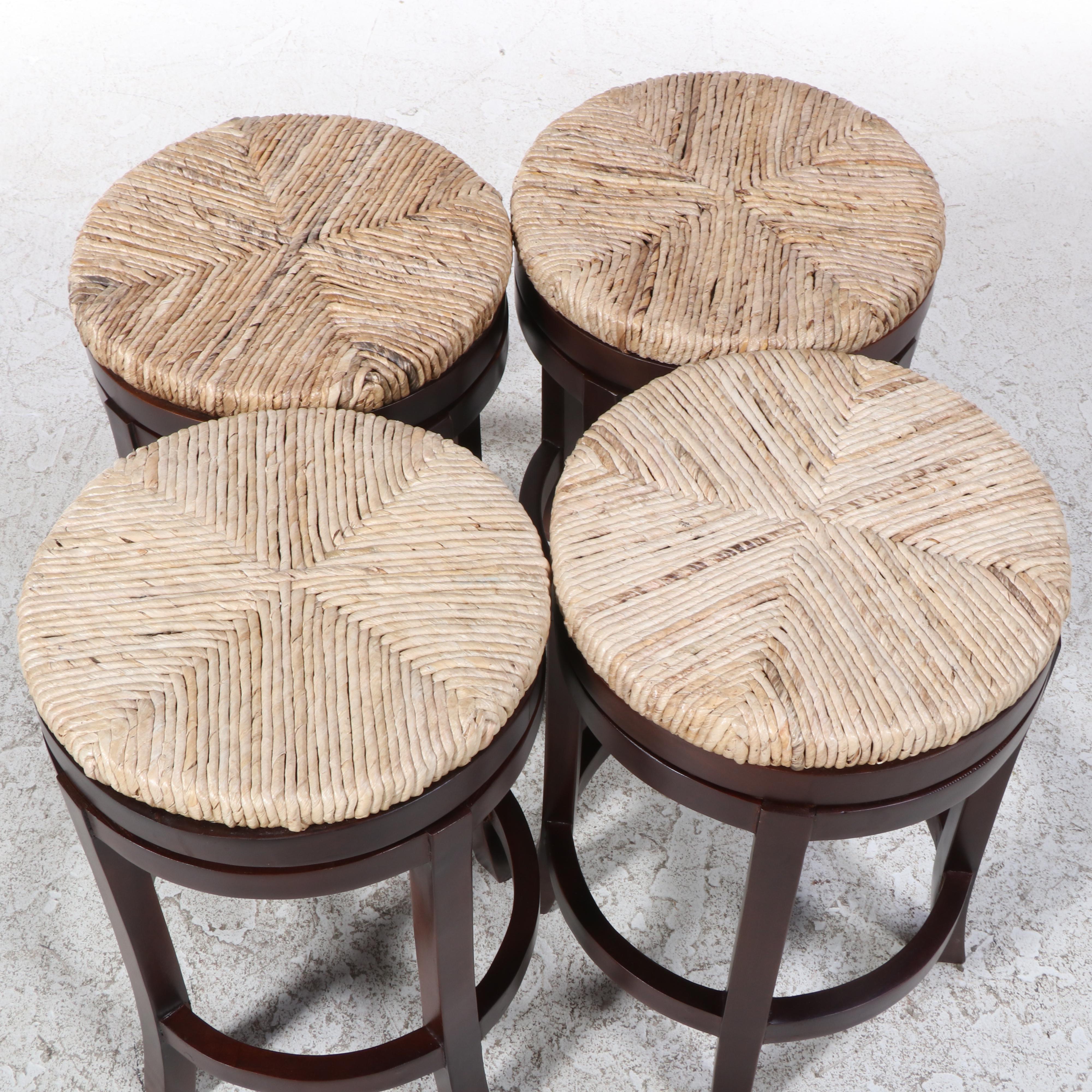 Four Hardwood and Seagrass Swivel Counter Stools