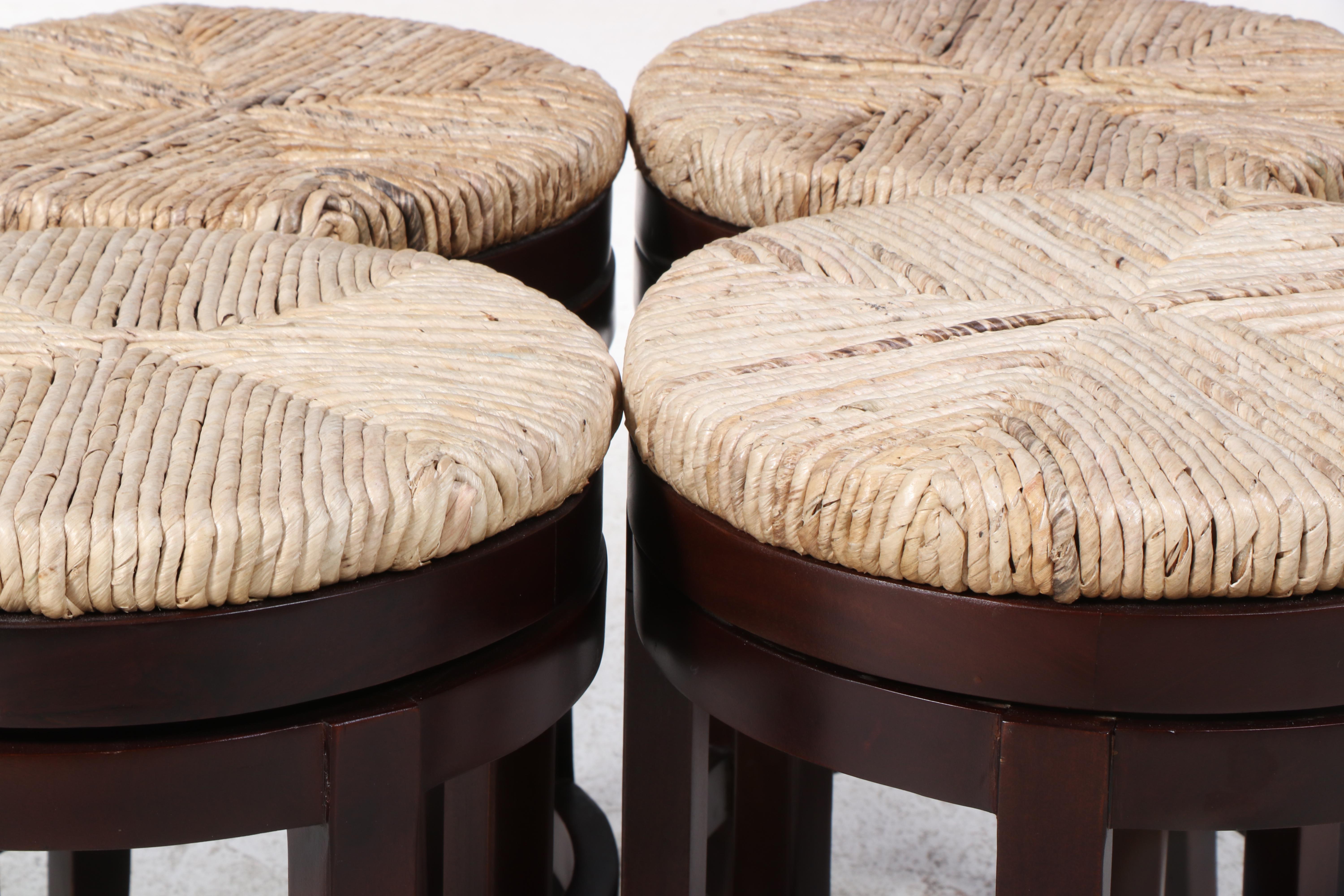 Four Hardwood and Seagrass Swivel Counter Stools
