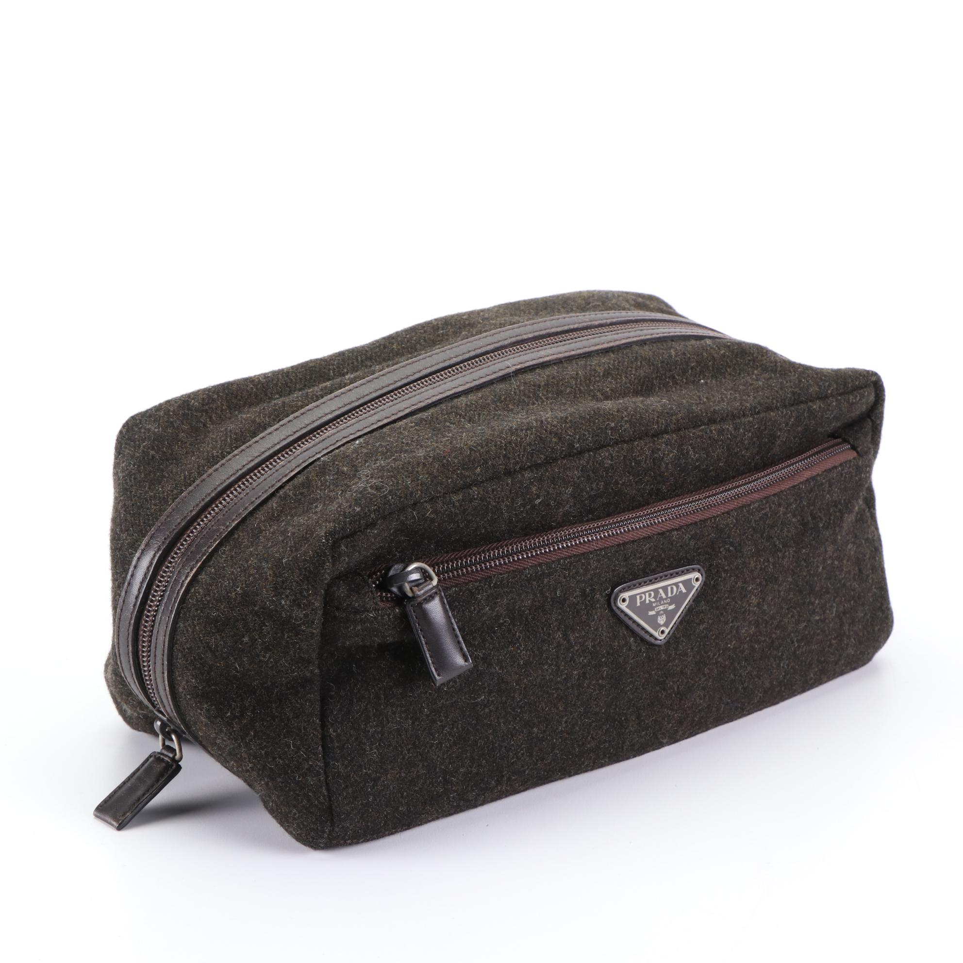 Prada Wool Zip Toiletry/Makeup Case with Leather Trim