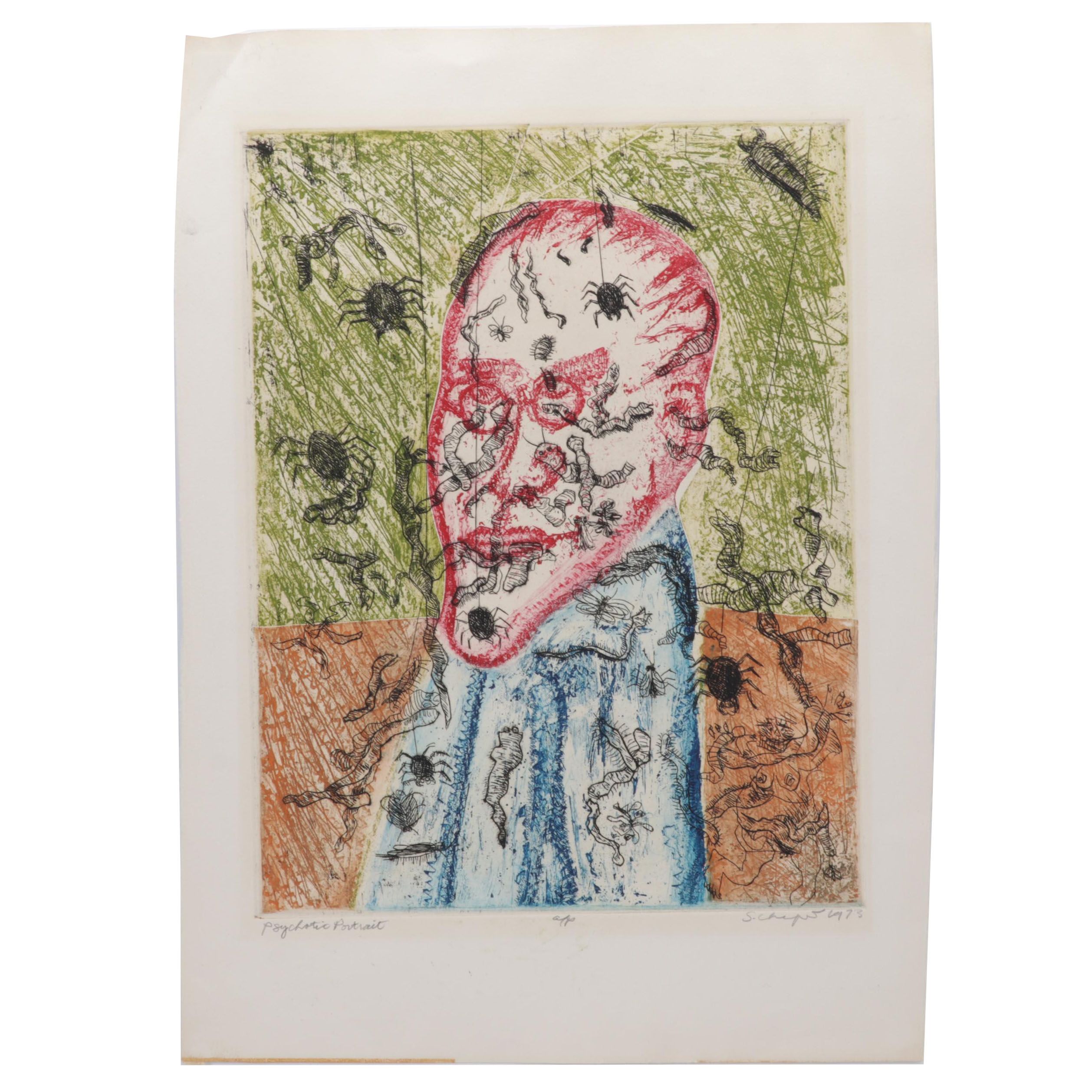 Sidney Chafetz Color Etching "Psychotic Portrait," 1973