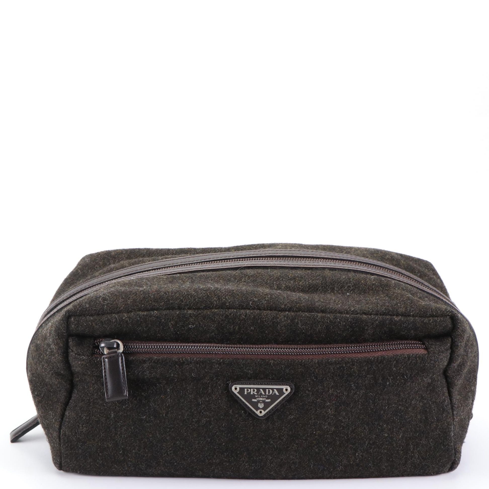 Prada Wool Zip Toiletry/Makeup Case with Leather Trim