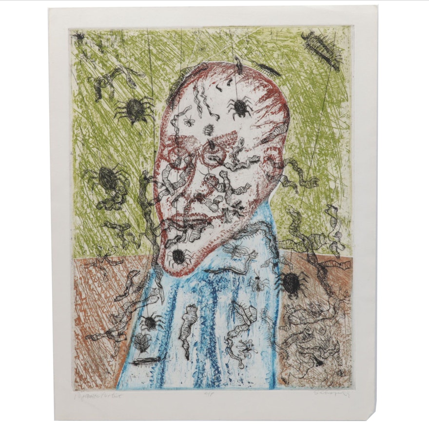 Sidney Chafetz Color Etching "Psychotic Portrait," Circa 1973