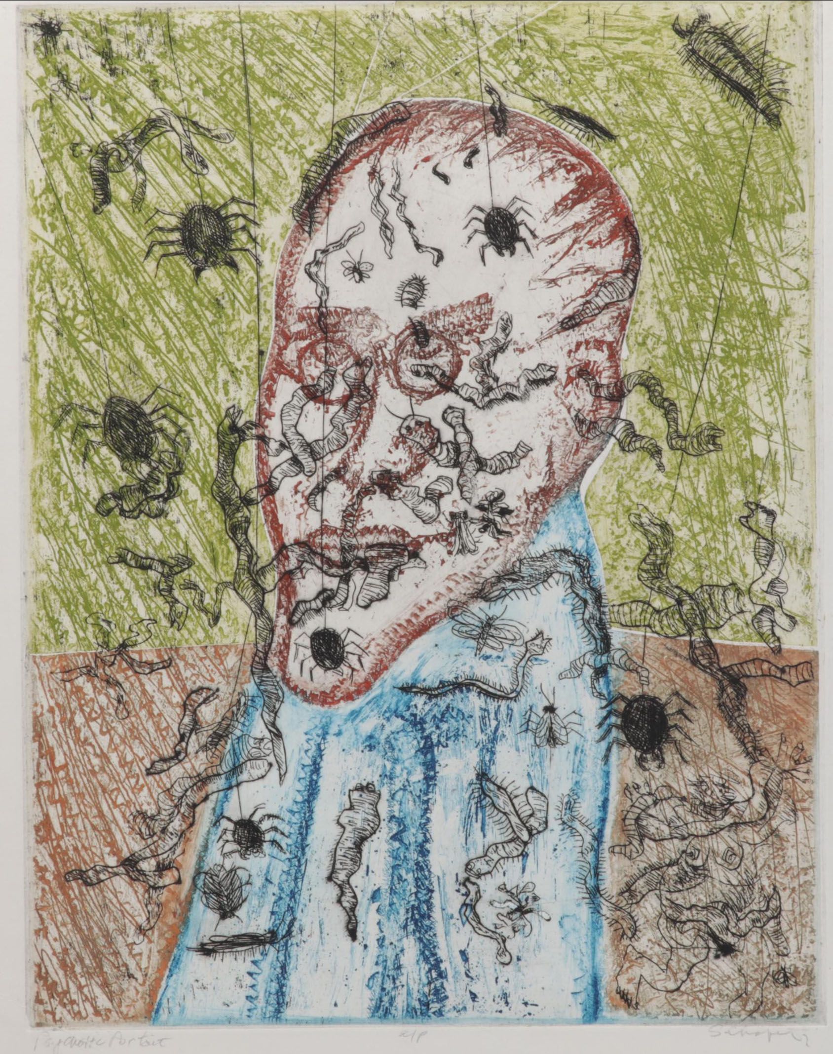 Sidney Chafetz Color Etching "Psychotic Portrait," Circa 1973