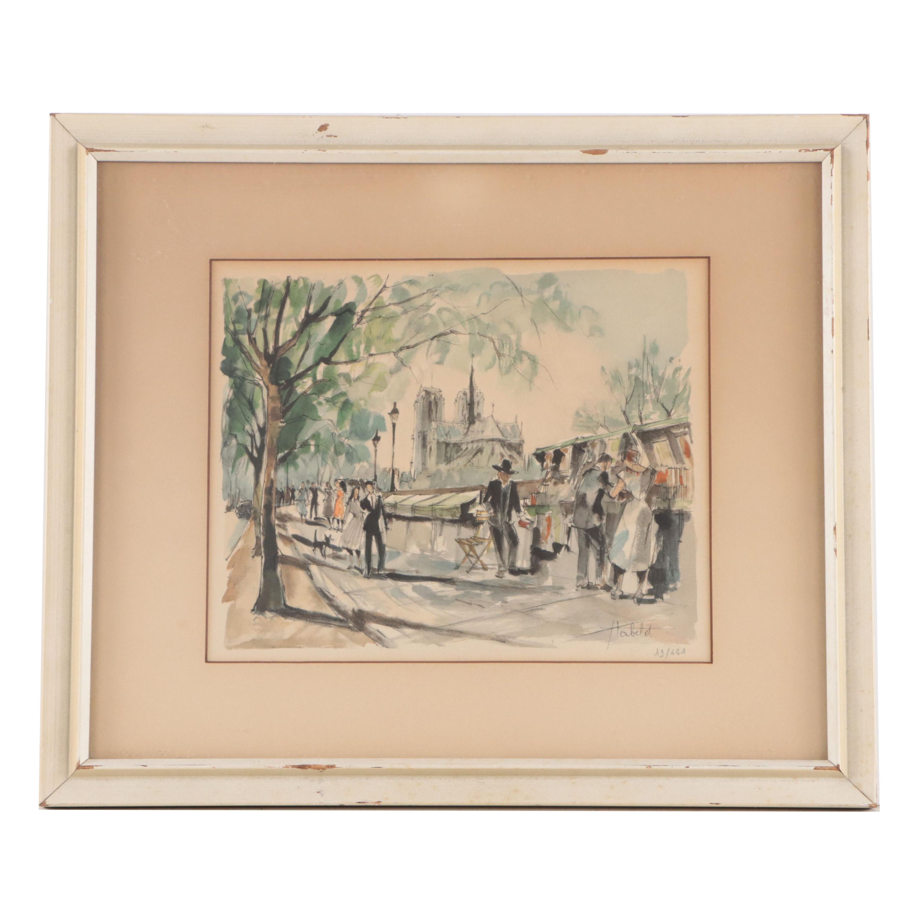 Franz Herbelot Lithograph of Parisian Boulevard Scene