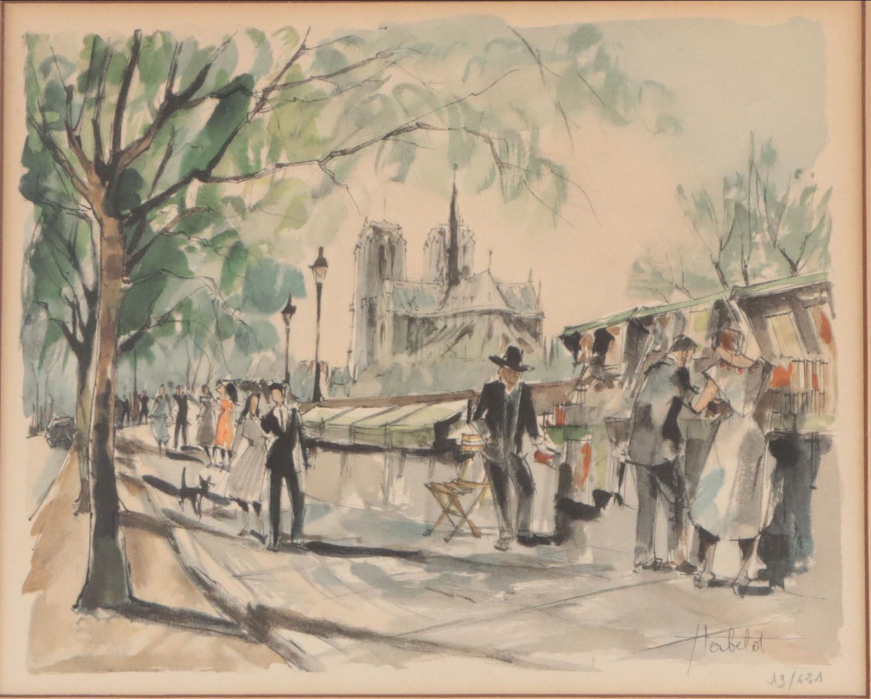 Franz Herbelot Lithograph of Parisian Boulevard Scene
