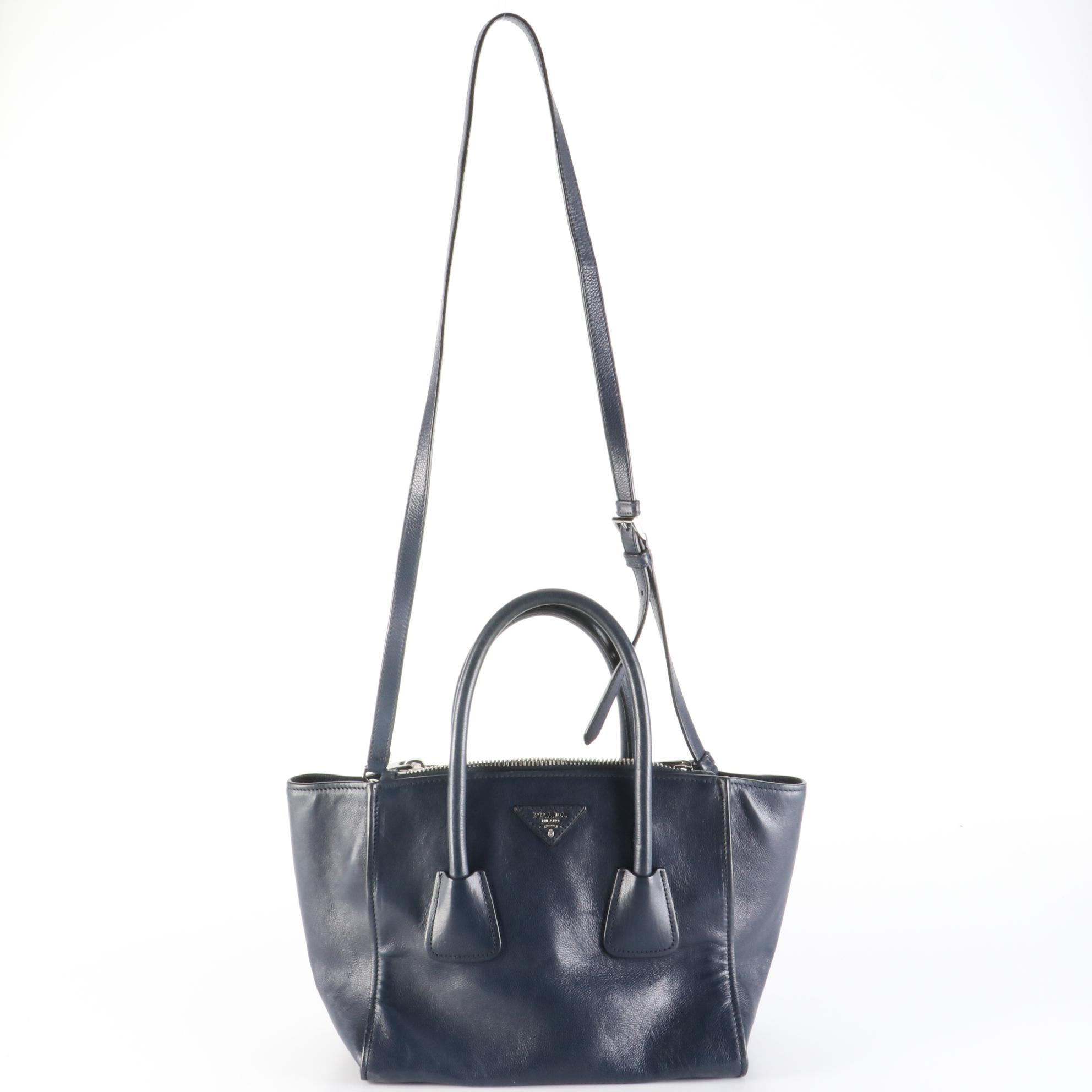 Prada Twin Pocket Tote Bag in Baltico Glace Calf with Detachable Shoulder Strap