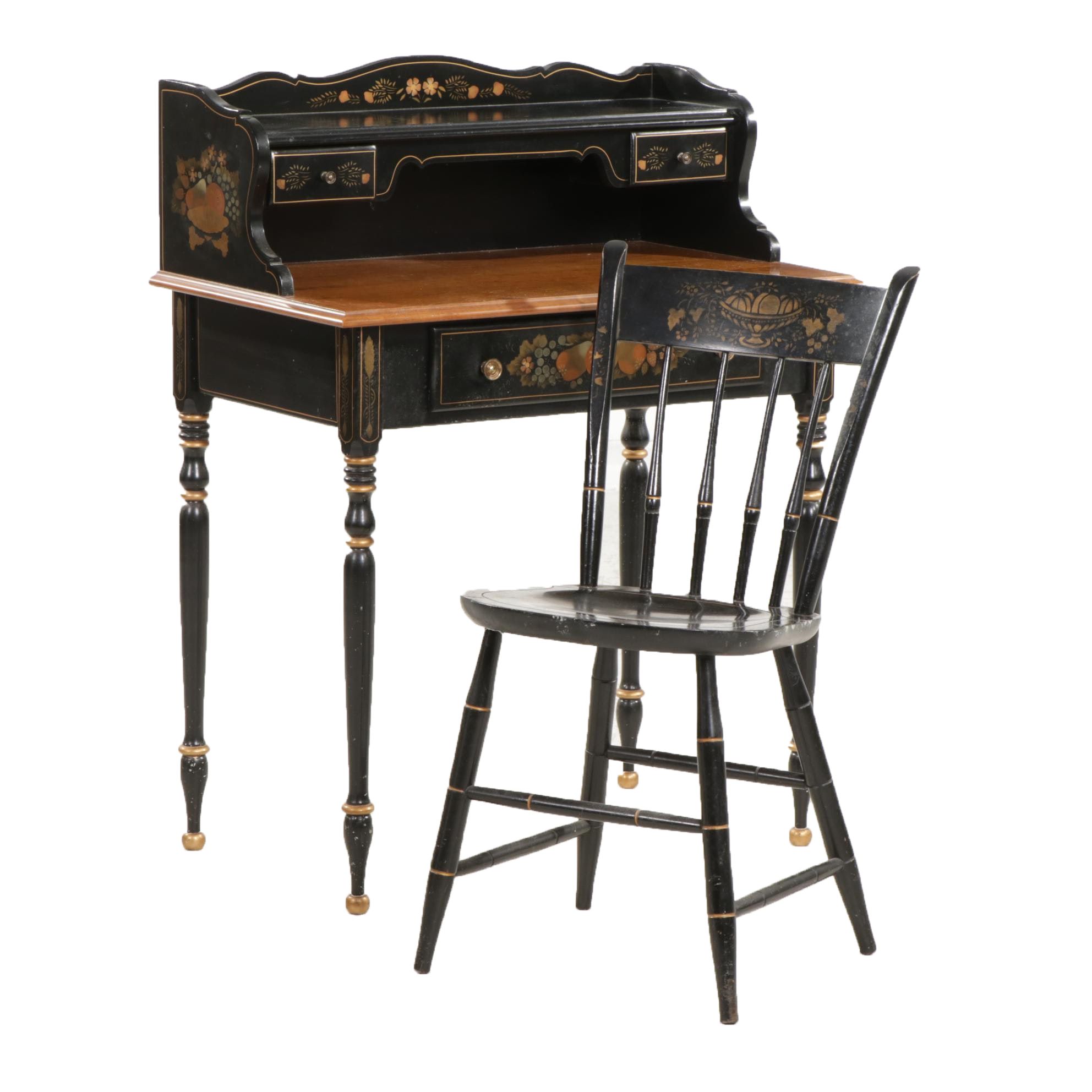 Ethan Allen Hitchcock Style Ebonized Writing Desk with Nichols & Stone Chair