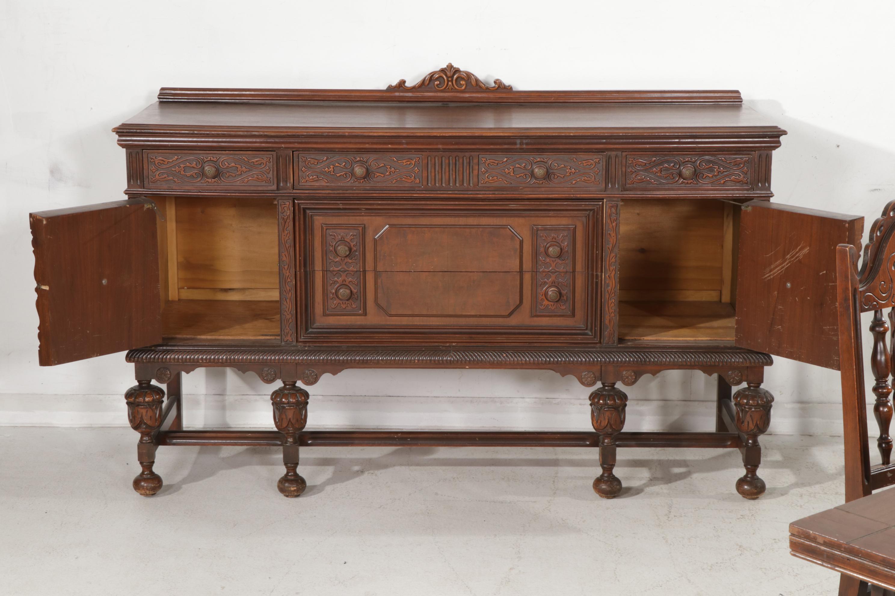 Jacobean Revival Walnut Dining Table, Chairs and Sideboard, circa 1930