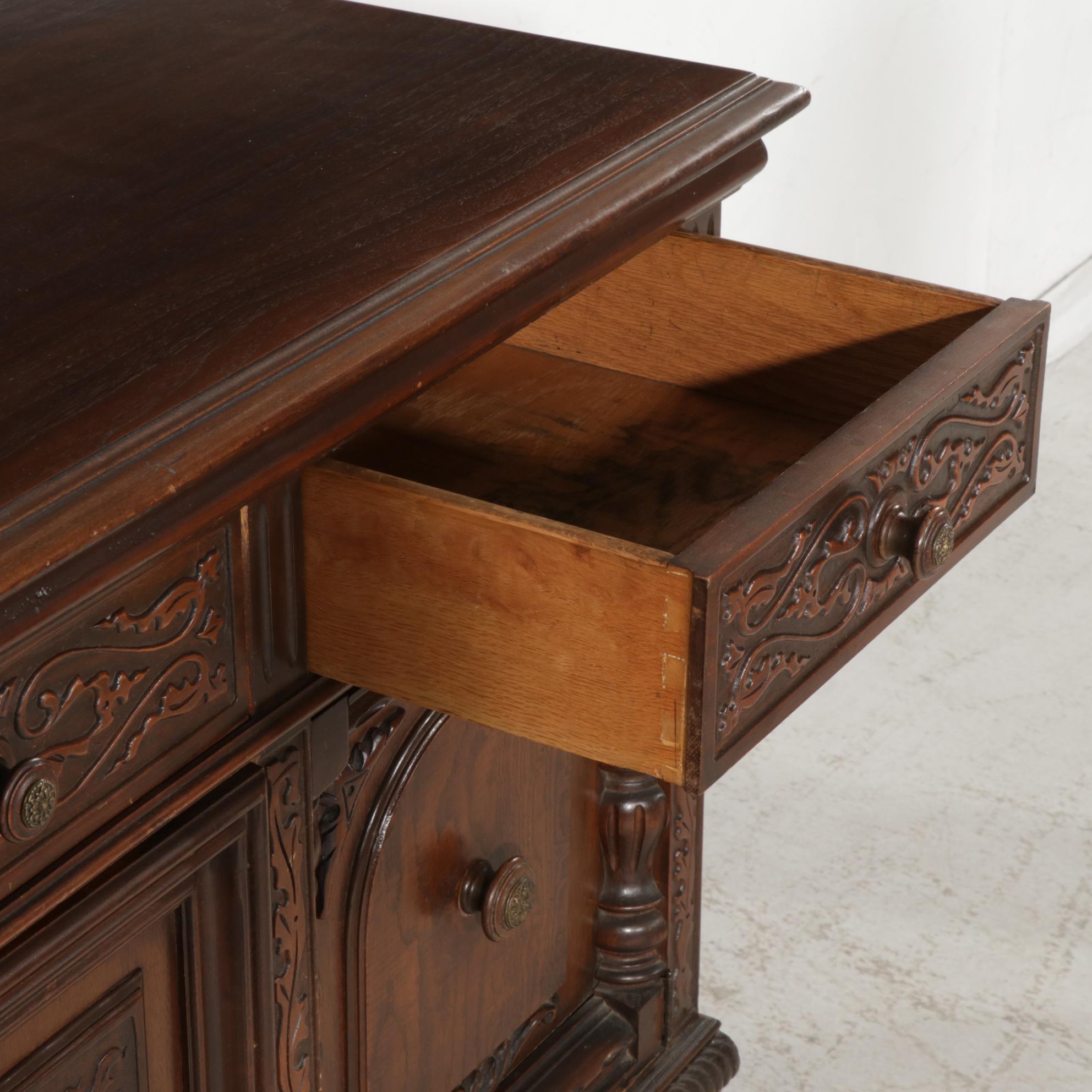 Jacobean Revival Walnut Dining Table, Chairs and Sideboard, circa 1930