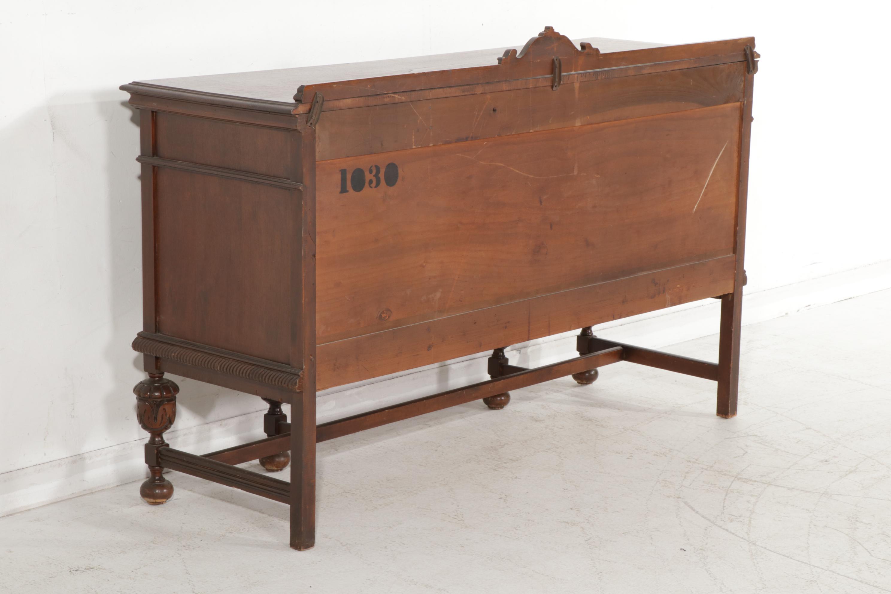 Jacobean Revival Walnut Dining Table, Chairs and Sideboard, circa 1930