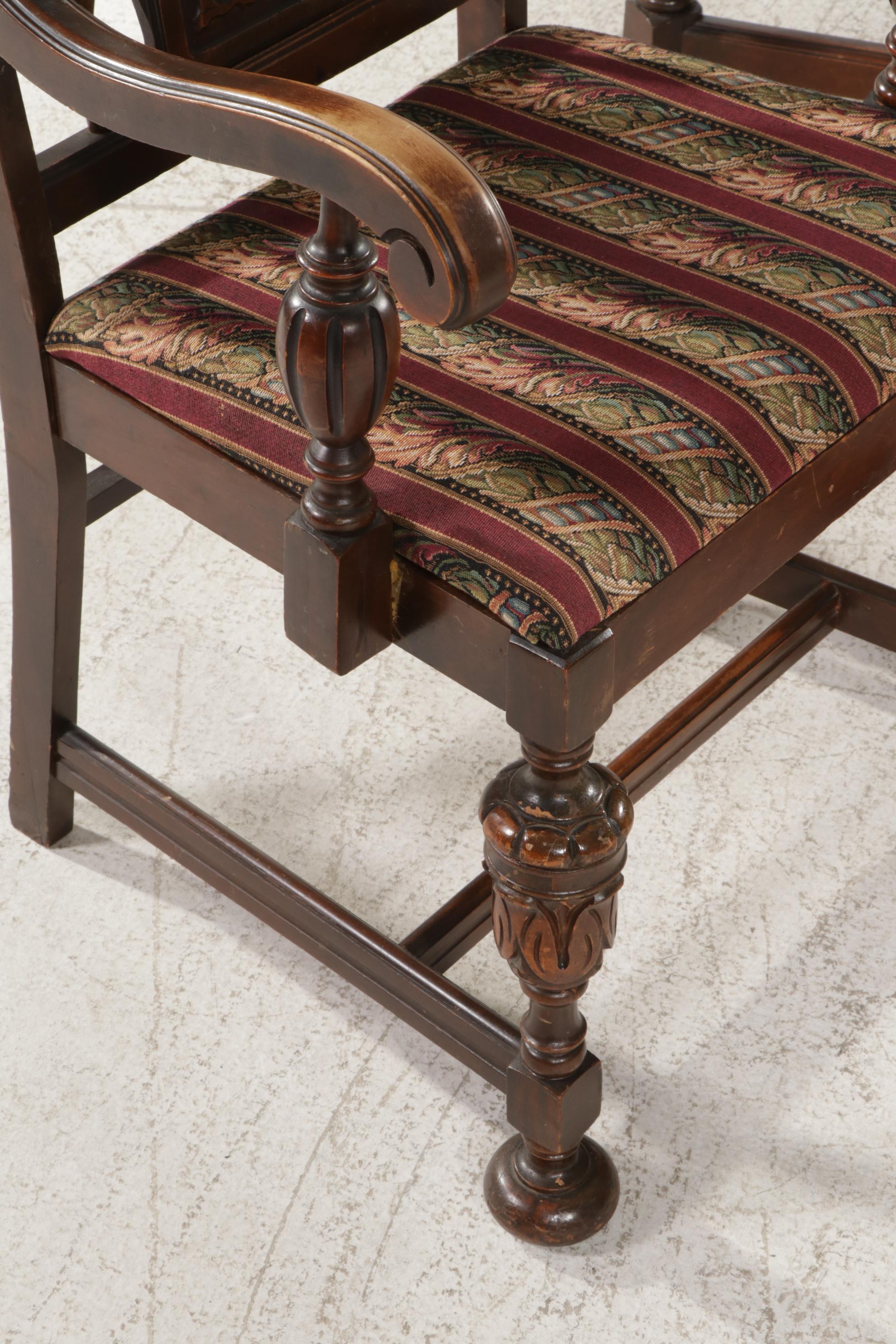 Jacobean Revival Walnut Dining Table, Chairs and Sideboard, circa 1930