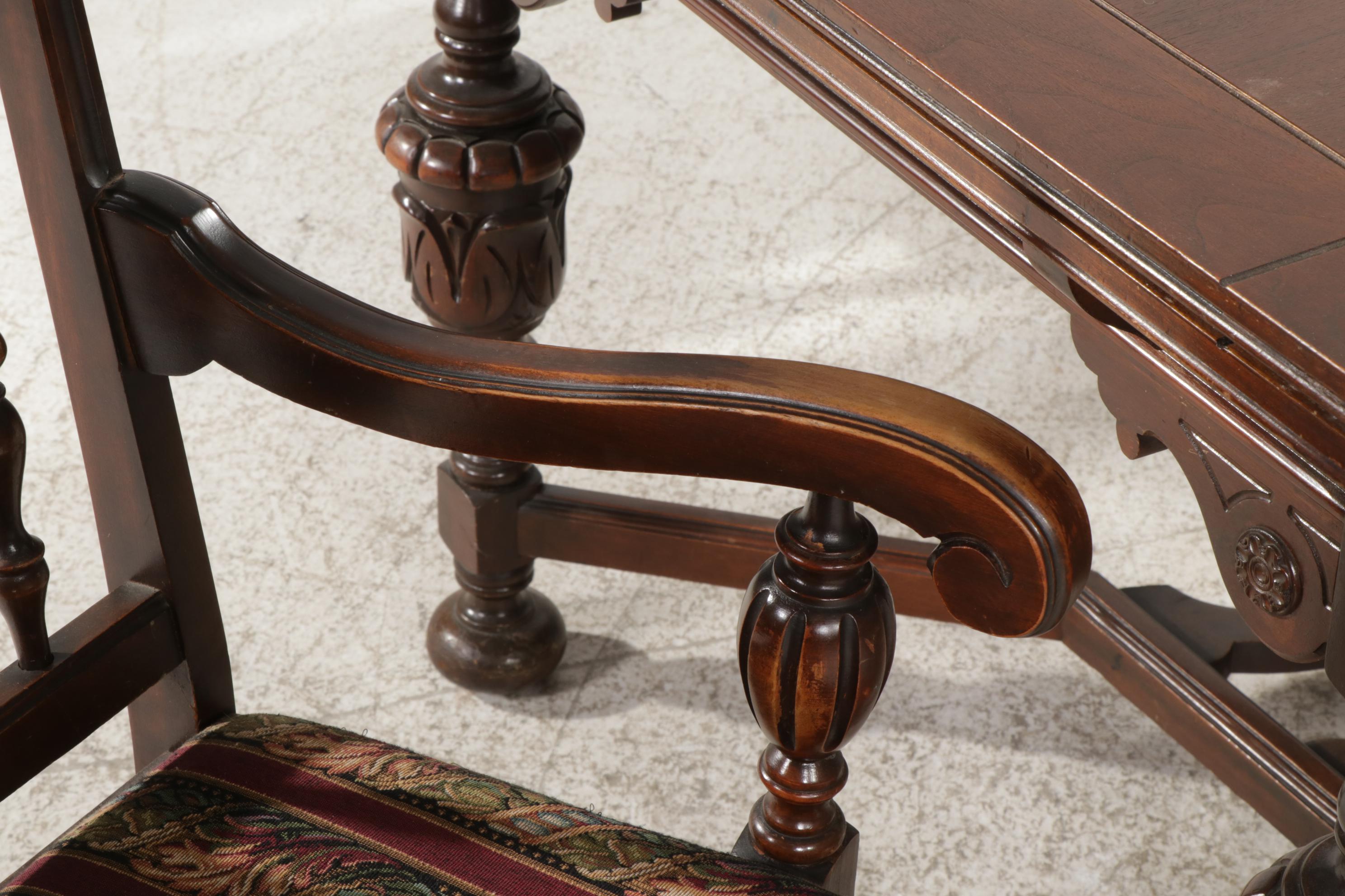 Jacobean Revival Walnut Dining Table, Chairs and Sideboard, circa 1930