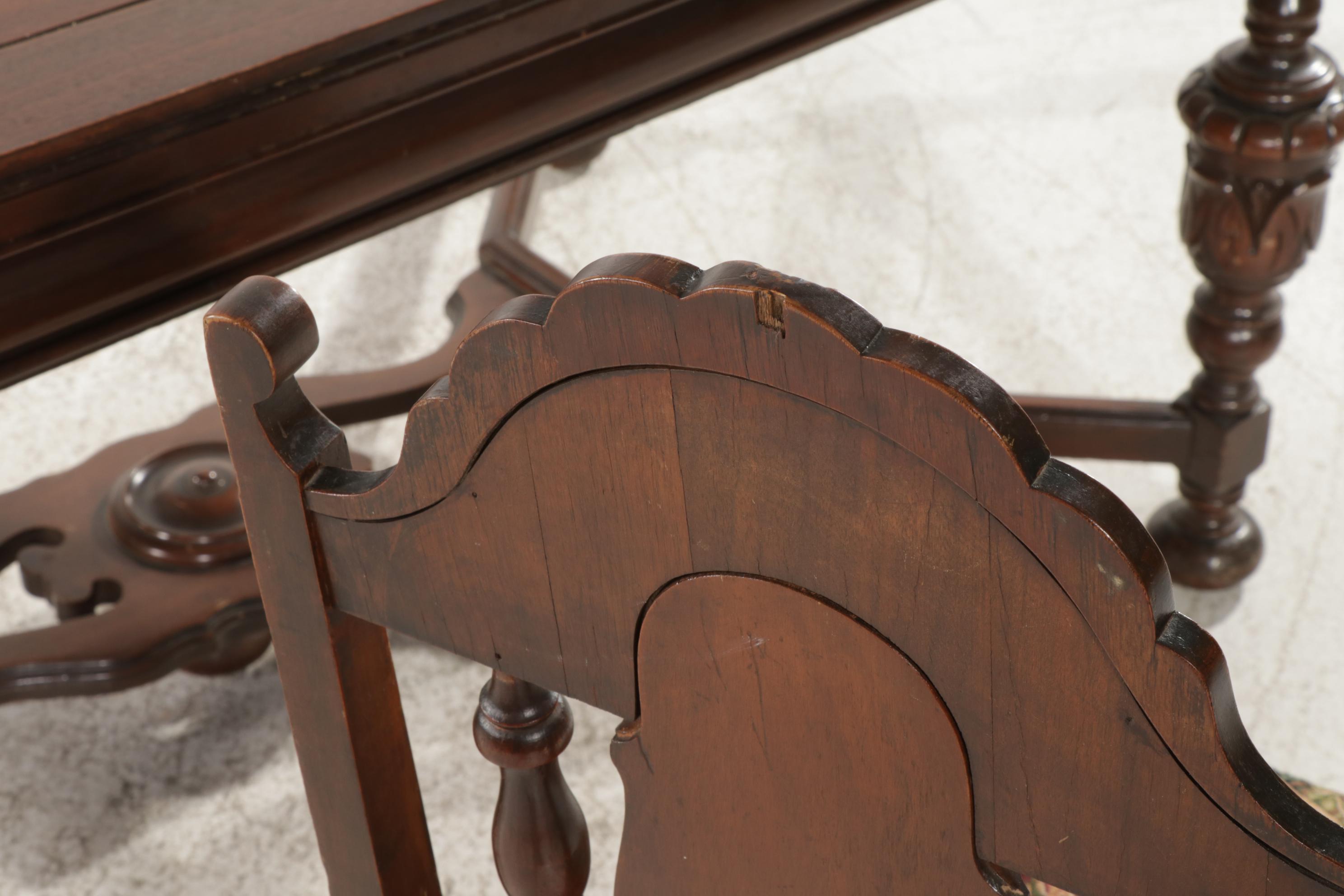 Jacobean Revival Walnut Dining Table, Chairs and Sideboard, circa 1930