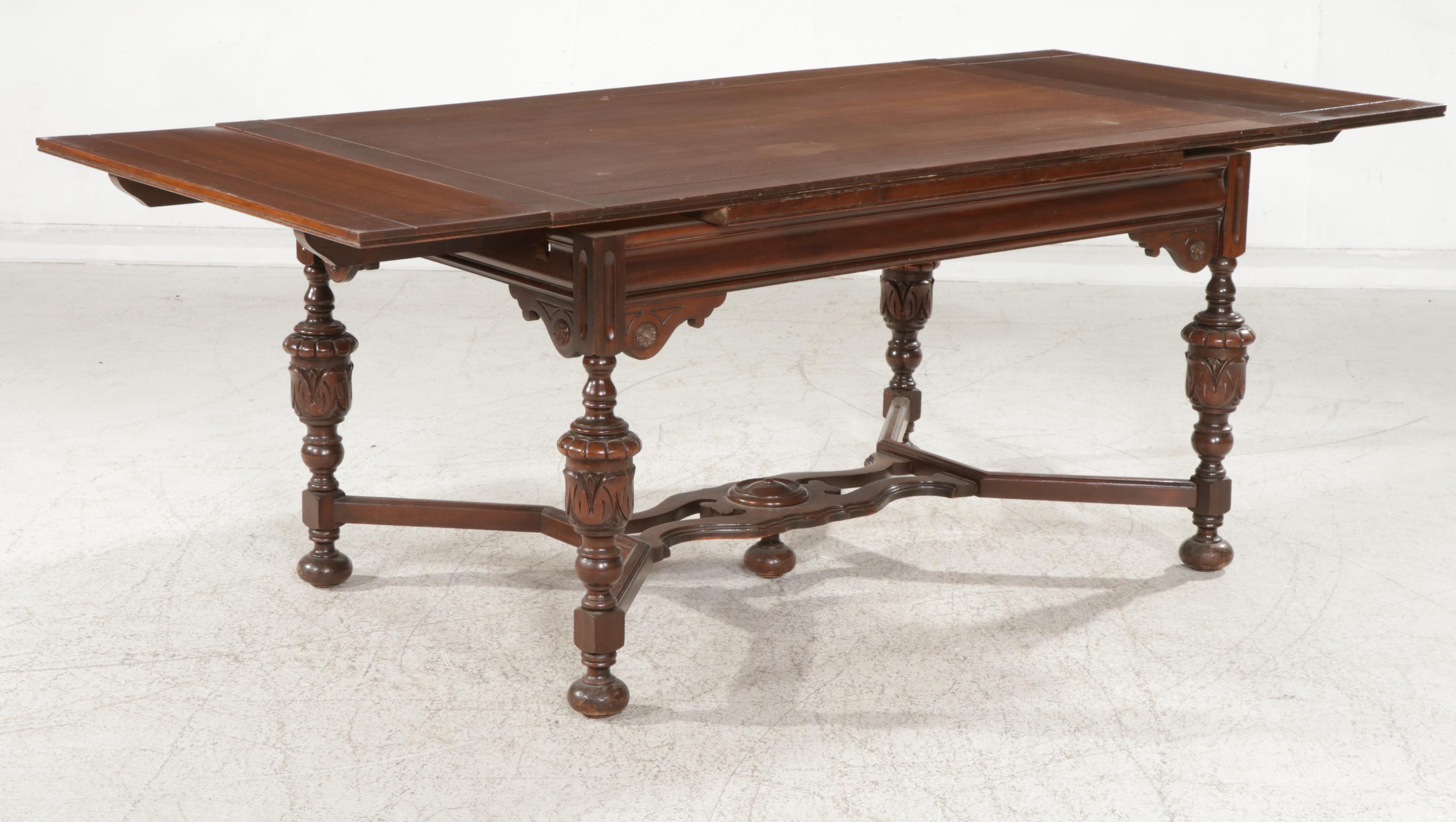 Jacobean Revival Walnut Dining Table, Chairs and Sideboard, circa 1930