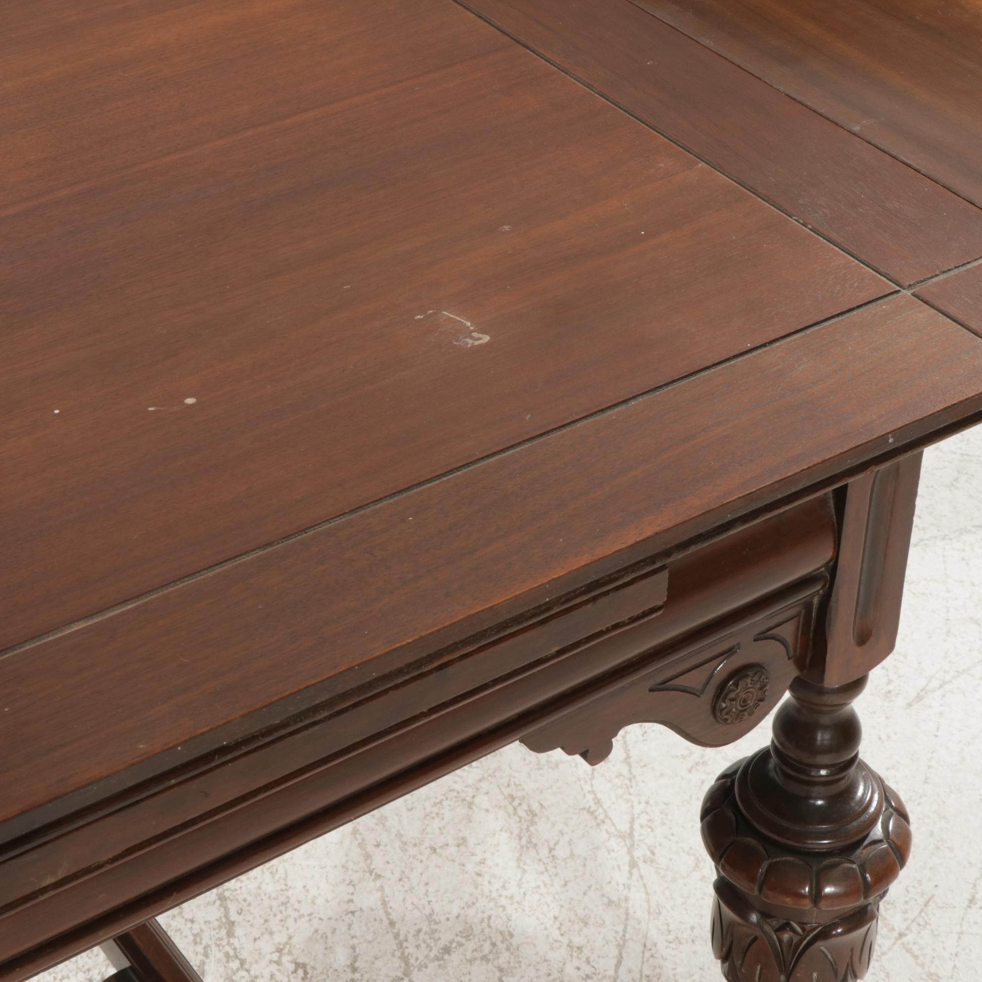 Jacobean Revival Walnut Dining Table, Chairs and Sideboard, circa 1930