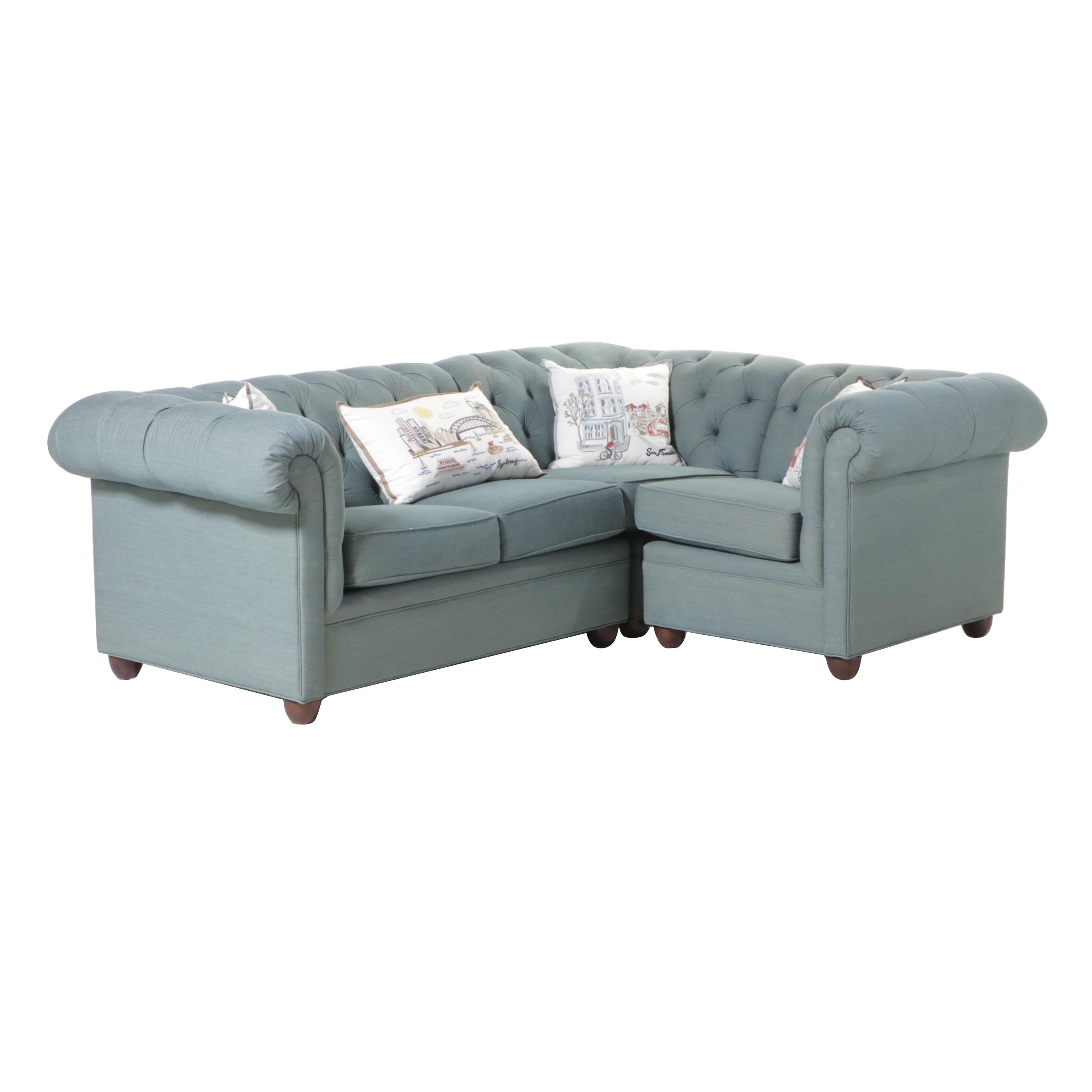 Three-Piece Pottery Barn Chesterfield Sectional Sofa in Washed Blue Denim