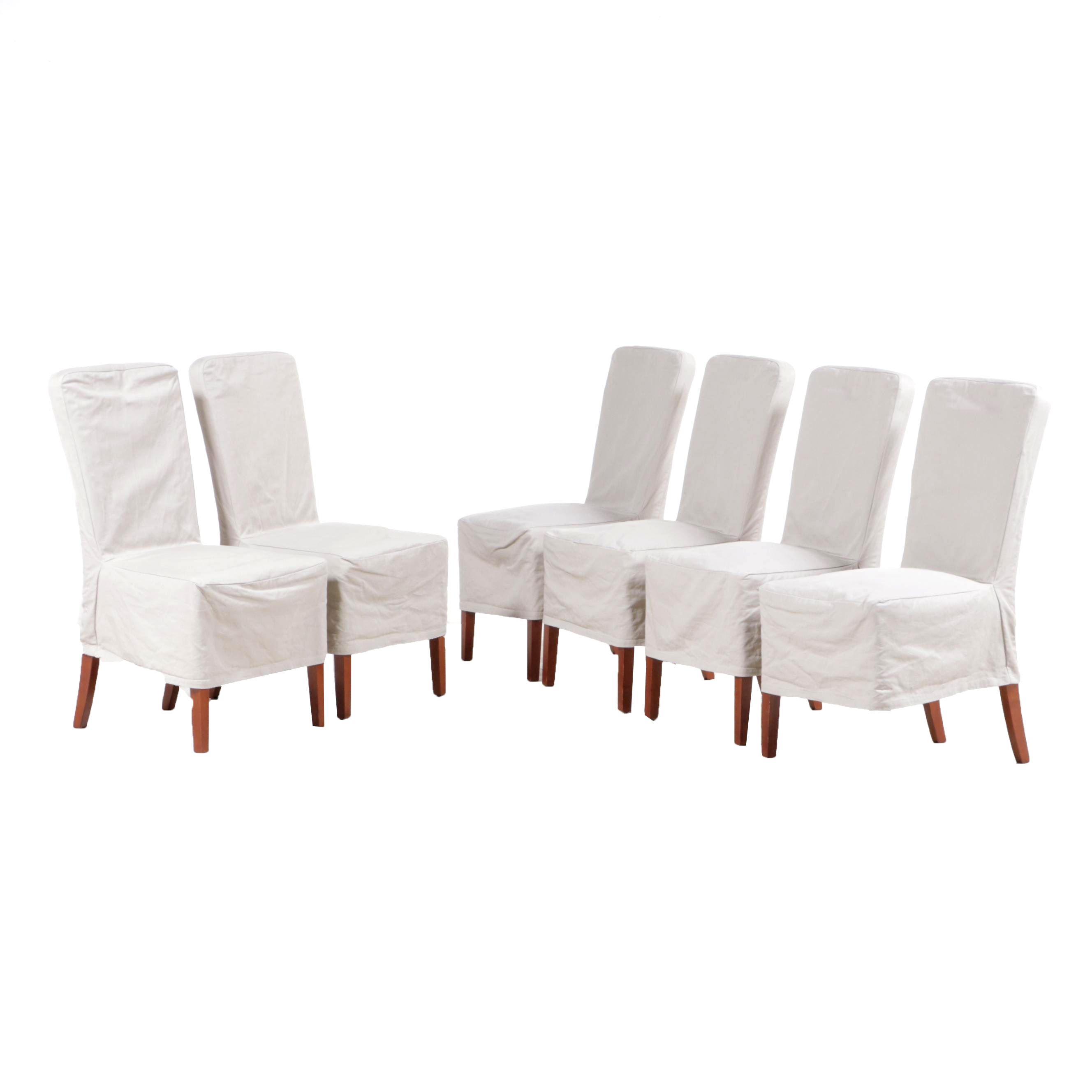 Six Pottery Barn "Megan" Slip-Covered Birch Side Chairs