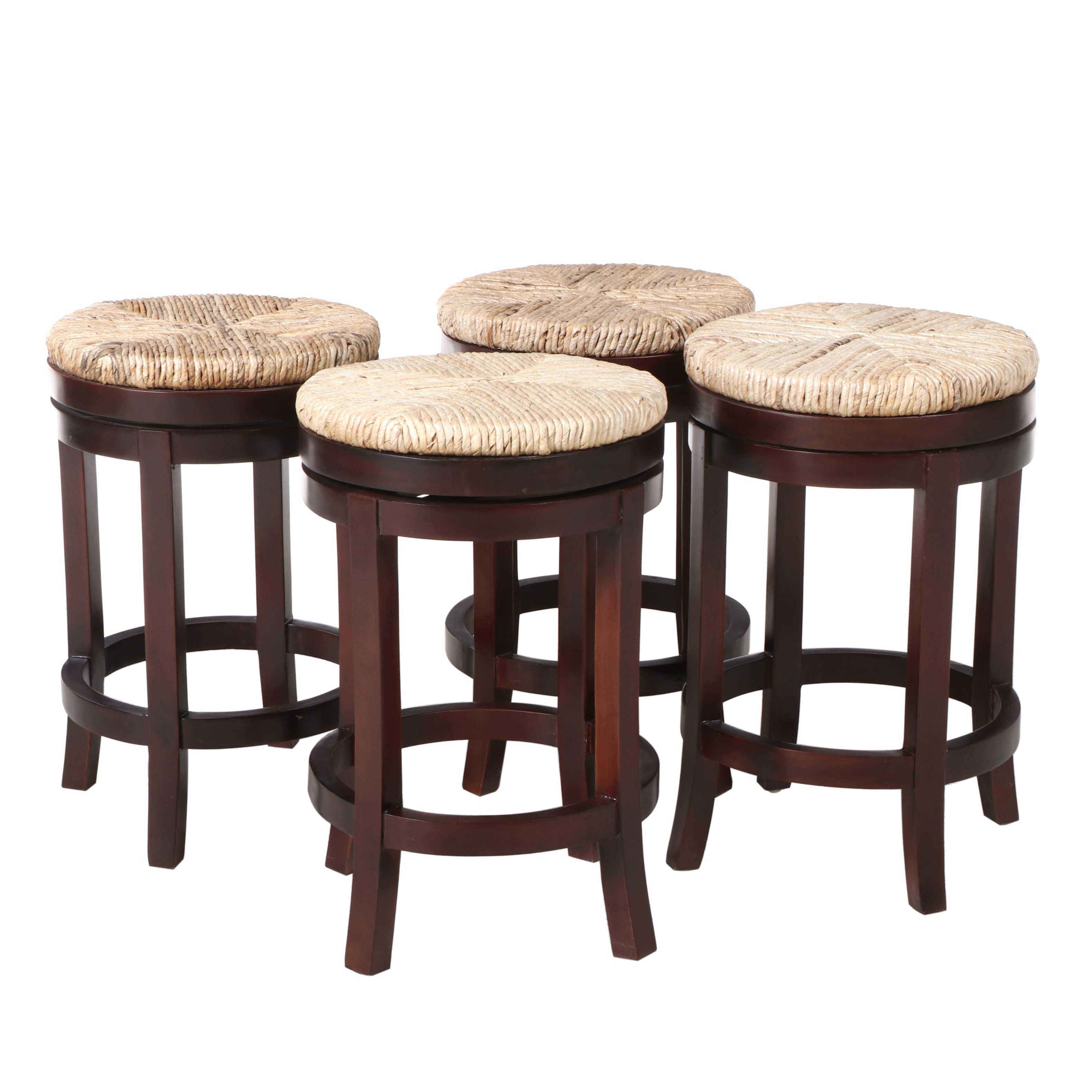 Four Hardwood and Seagrass Swivel Counter Stools