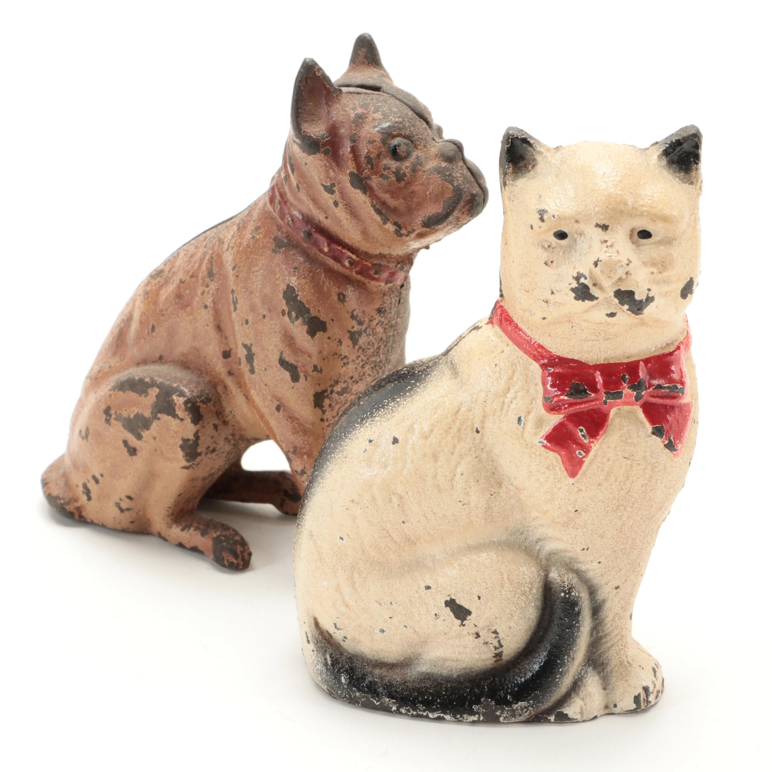 Hubley-Style Boxer Dog with Cat Cast Iron Coin Banks, Early to Mid-20th Century