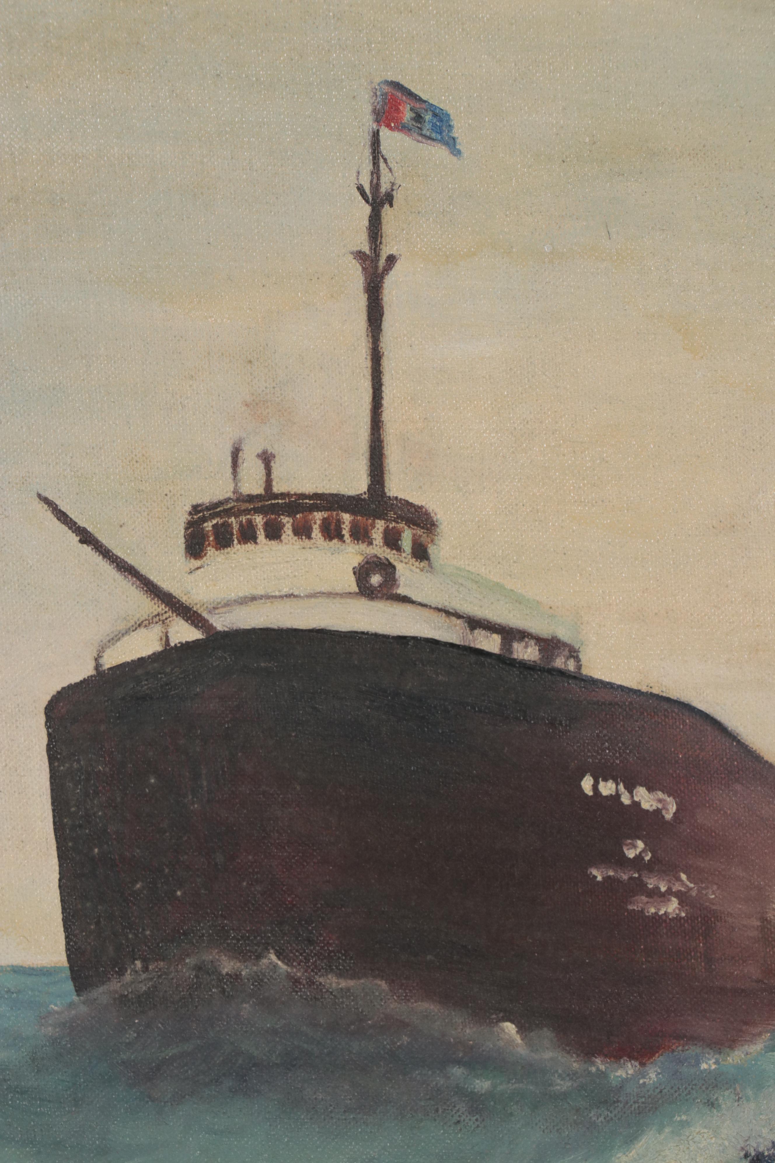Maritime Oil Painting of Sailing Ship, Circa 1970