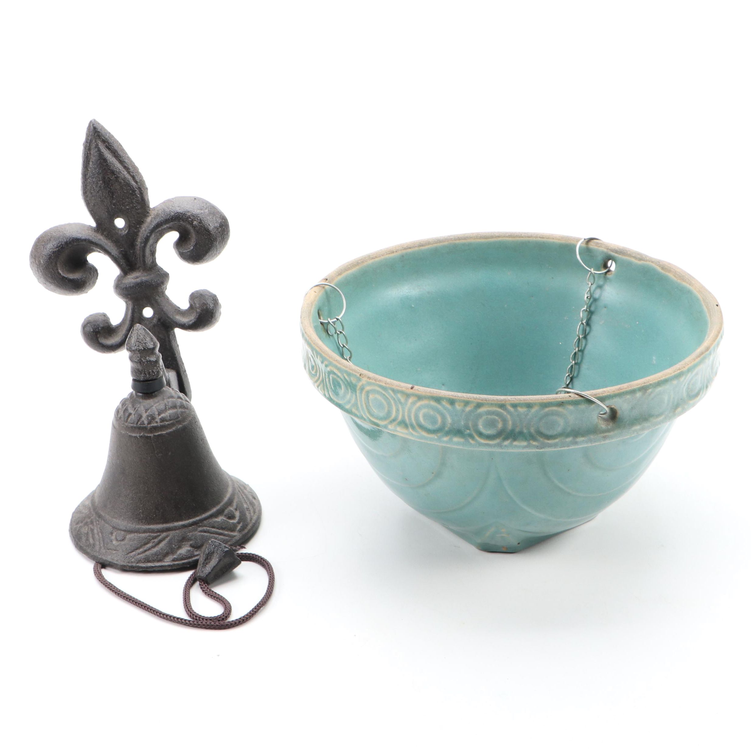 Cast Metal Fleur-de-lys Dinner Bell With McCoy Style Earthenware Hanging Planter