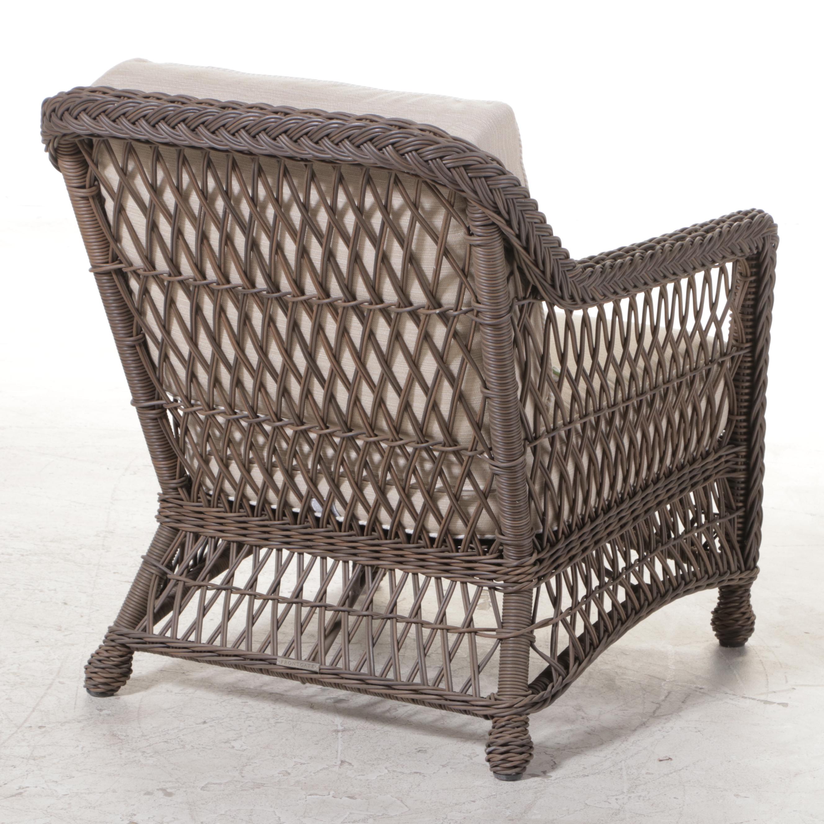 Frontgate "Hampton" Resin Wicker Patio Armchair and Ottoman in Driftwood Finish