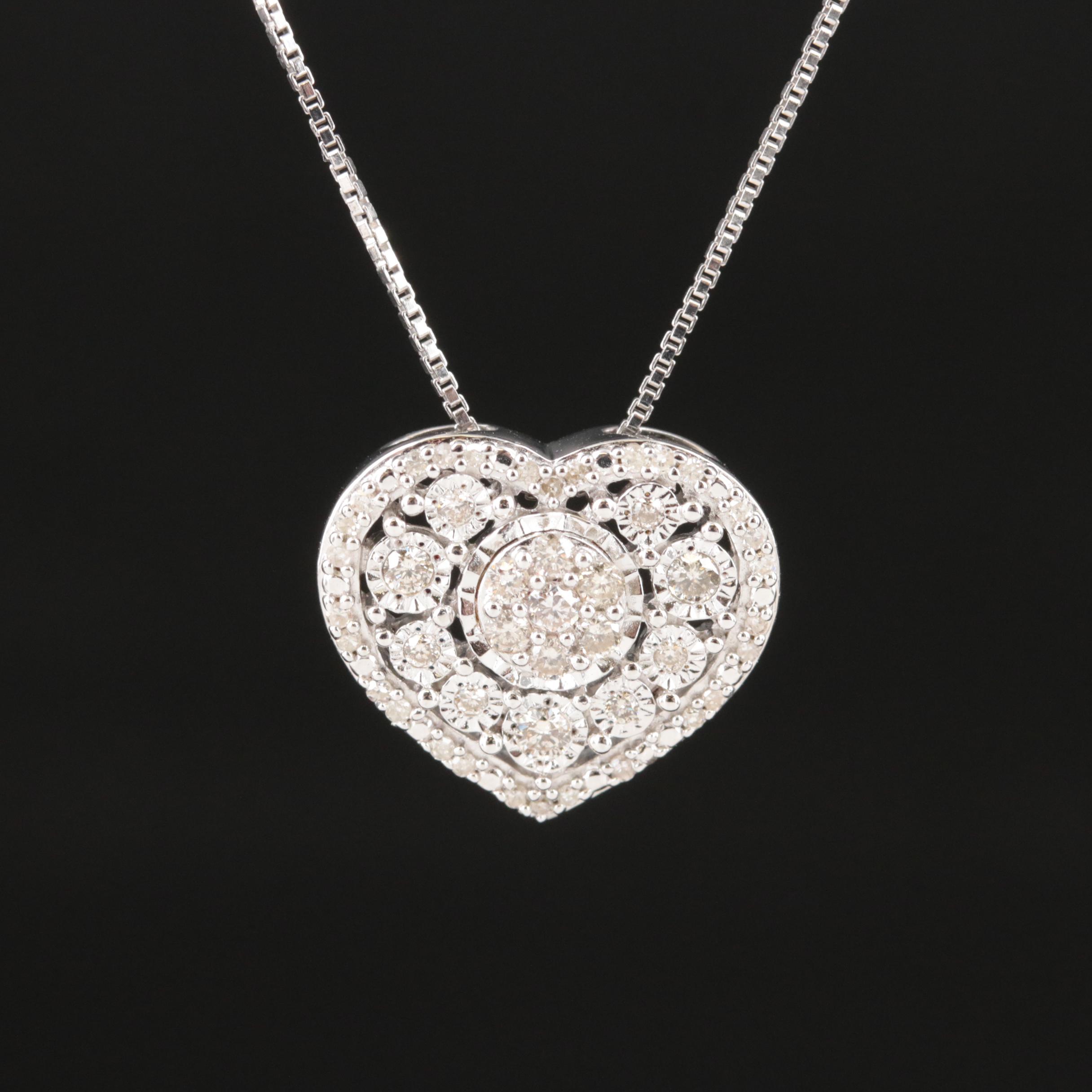 Sterling Diamond Heart Cluster Pendant Necklace