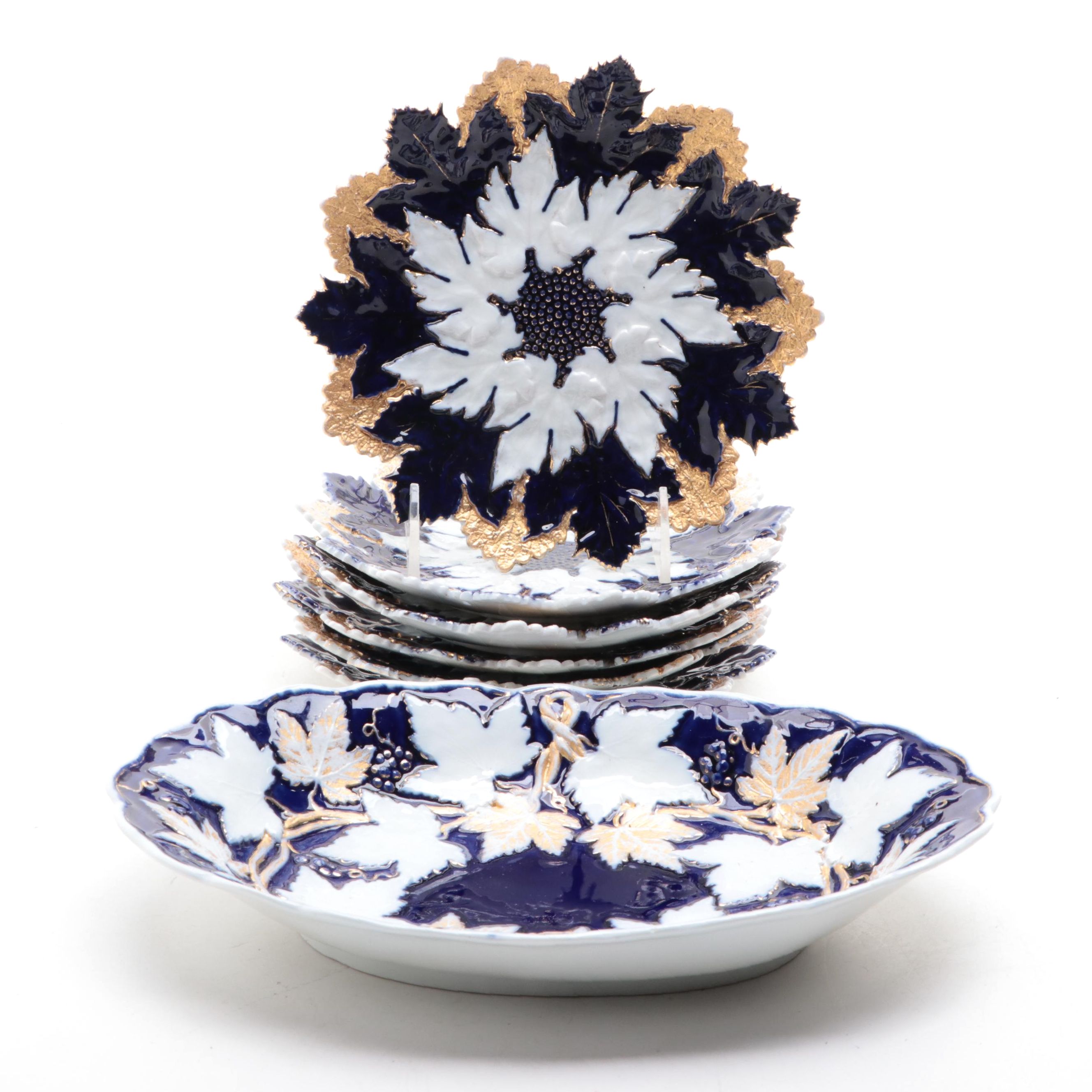 Meissen Molded Porcelain Cobalt and Gilt Maple Leaf Plates and Serving Bowl