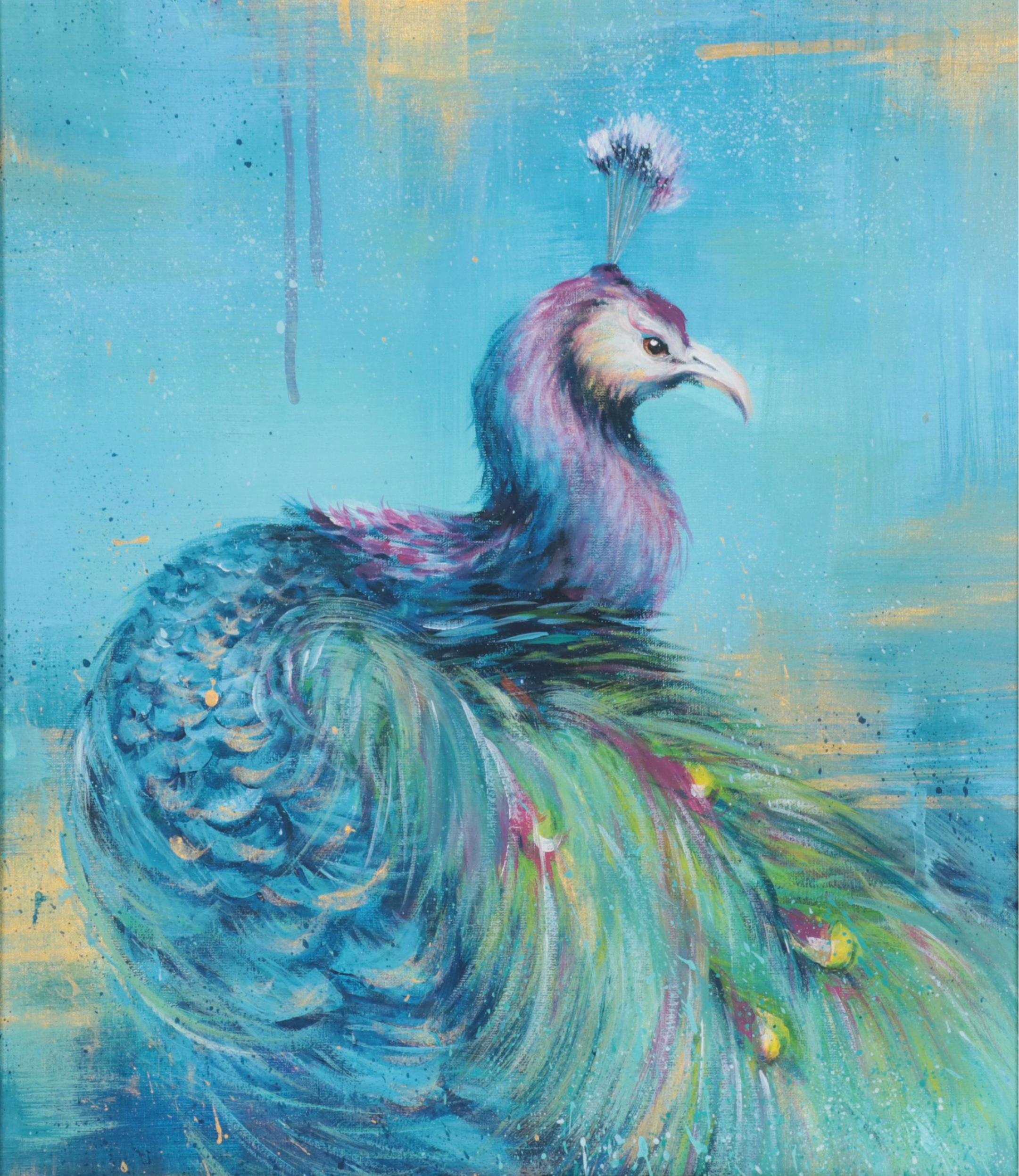 Peacock Mixed Media Painting, 21st Century