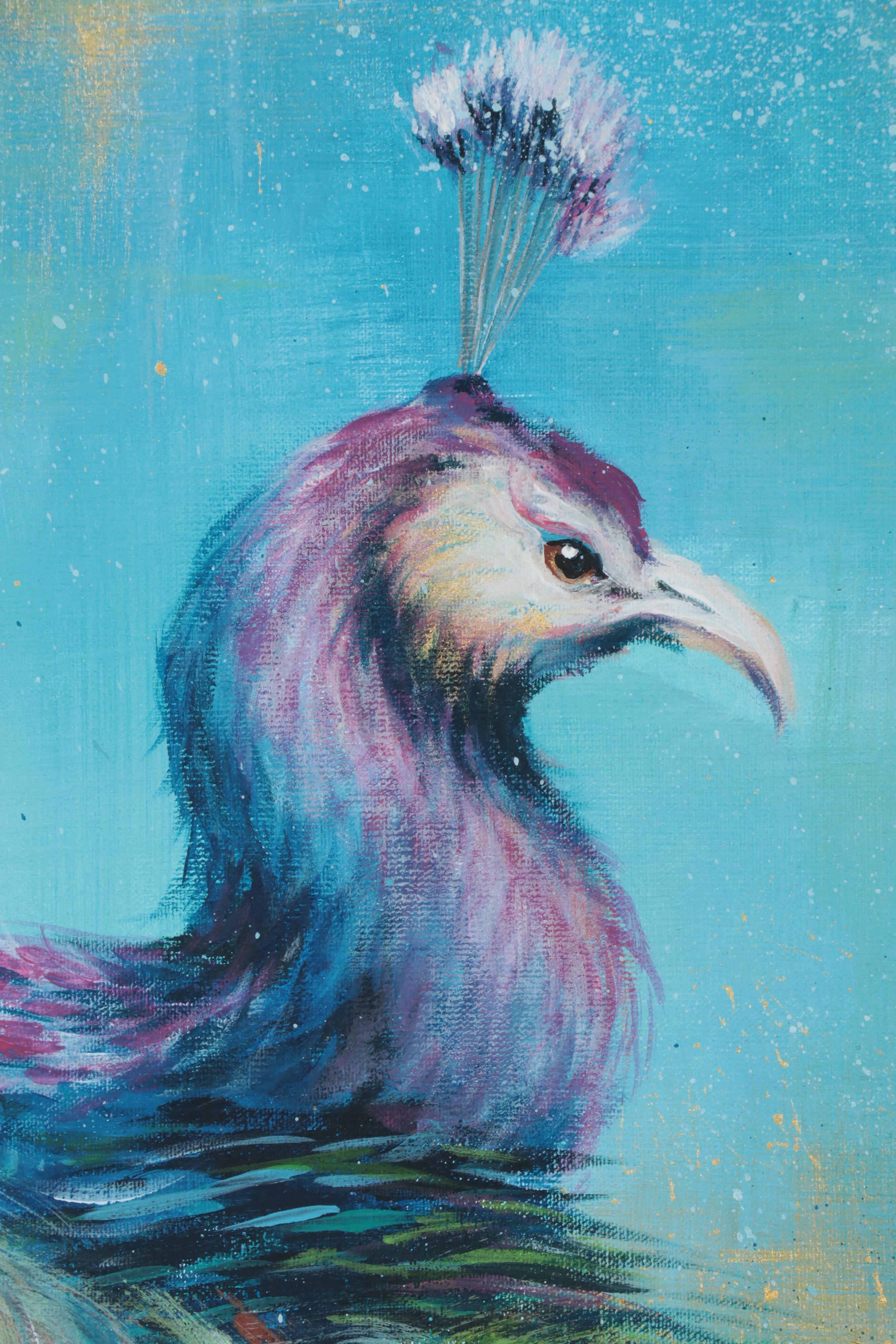 Peacock Mixed Media Painting, 21st Century