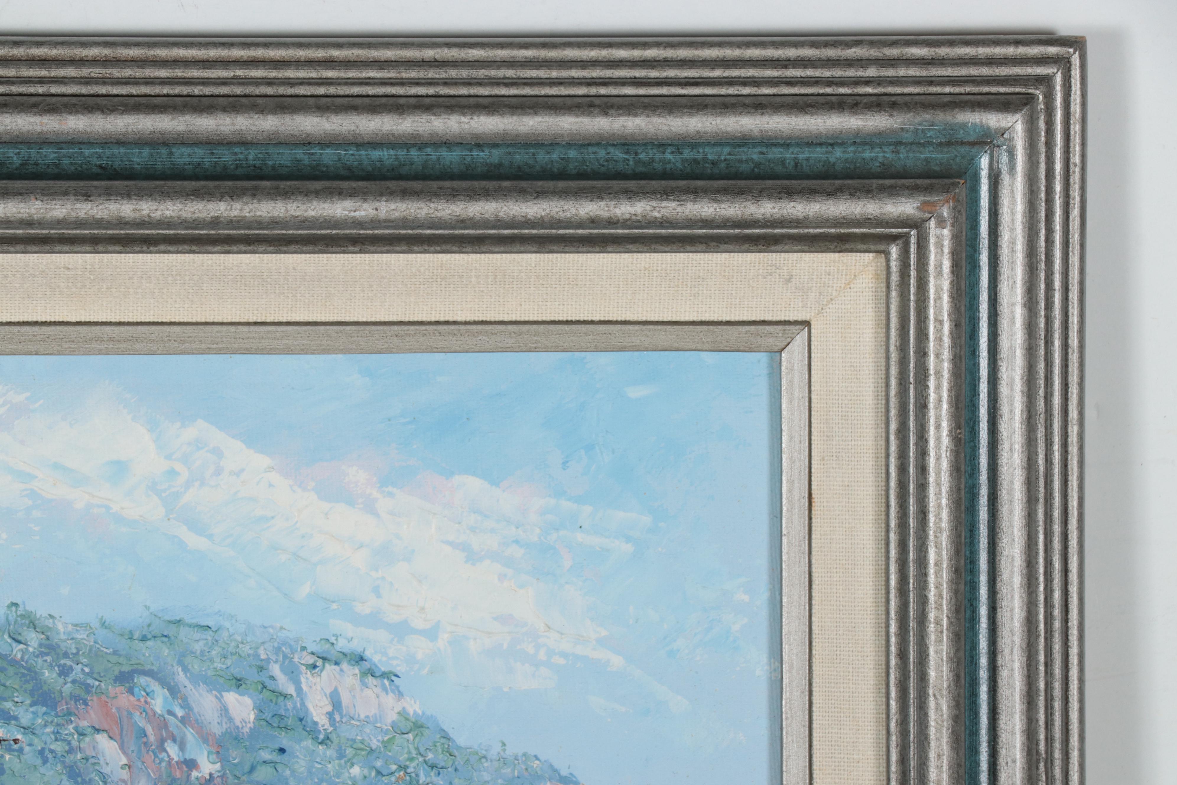 K. Wallis Oil Painting of Coastal Architecture, Late 20th Century