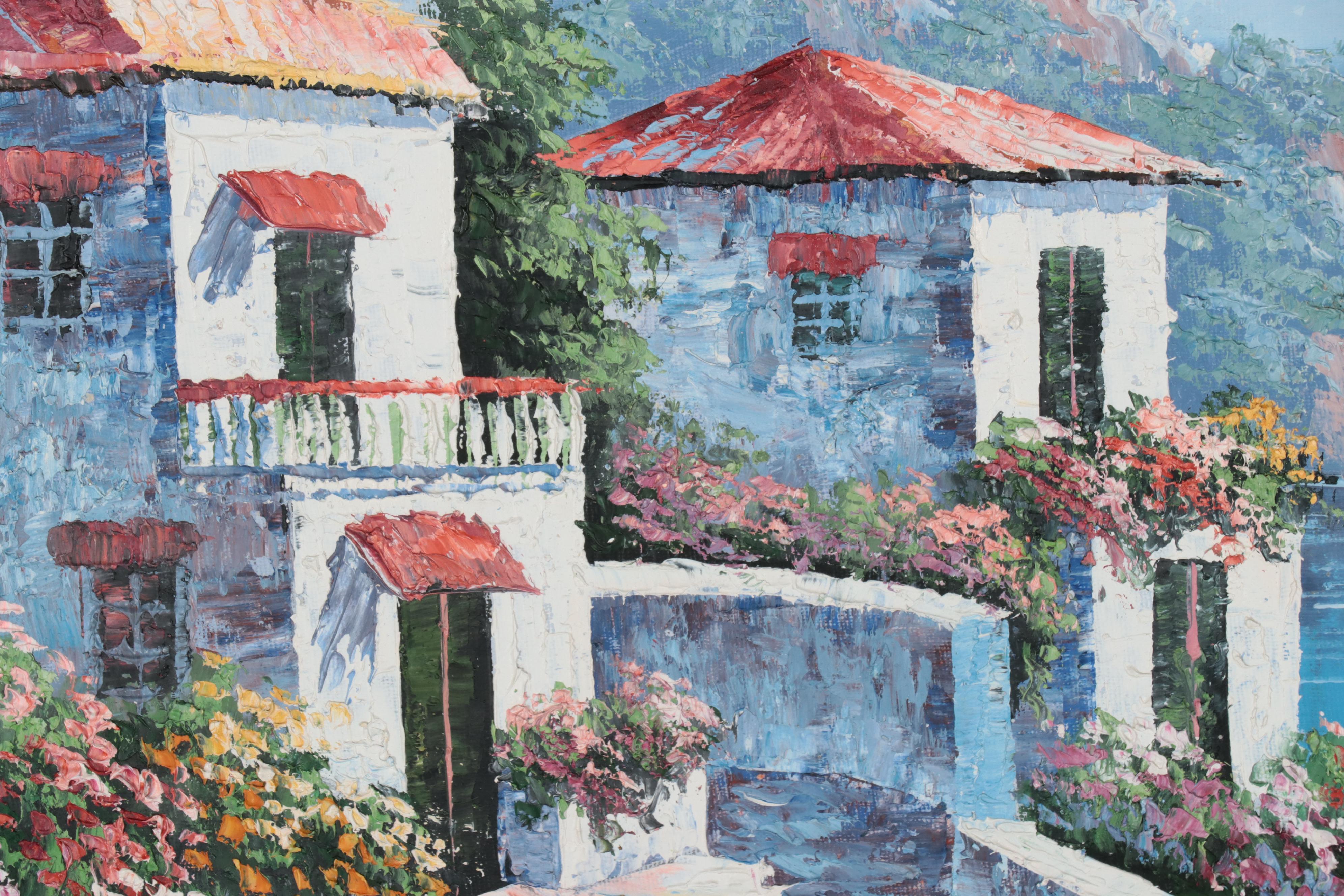 K. Wallis Oil Painting of Coastal Architecture, Late 20th Century