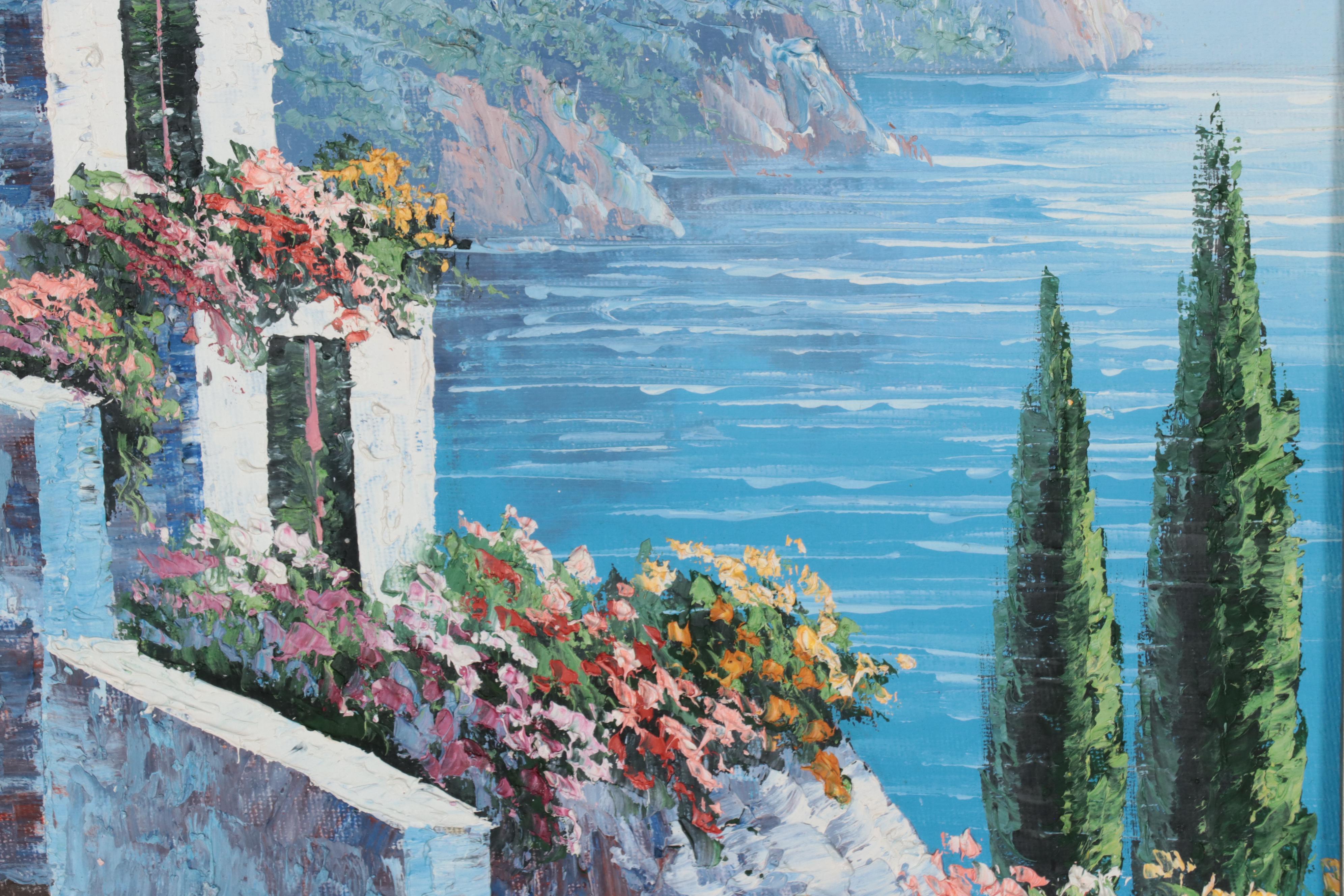 K. Wallis Oil Painting of Coastal Architecture, Late 20th Century