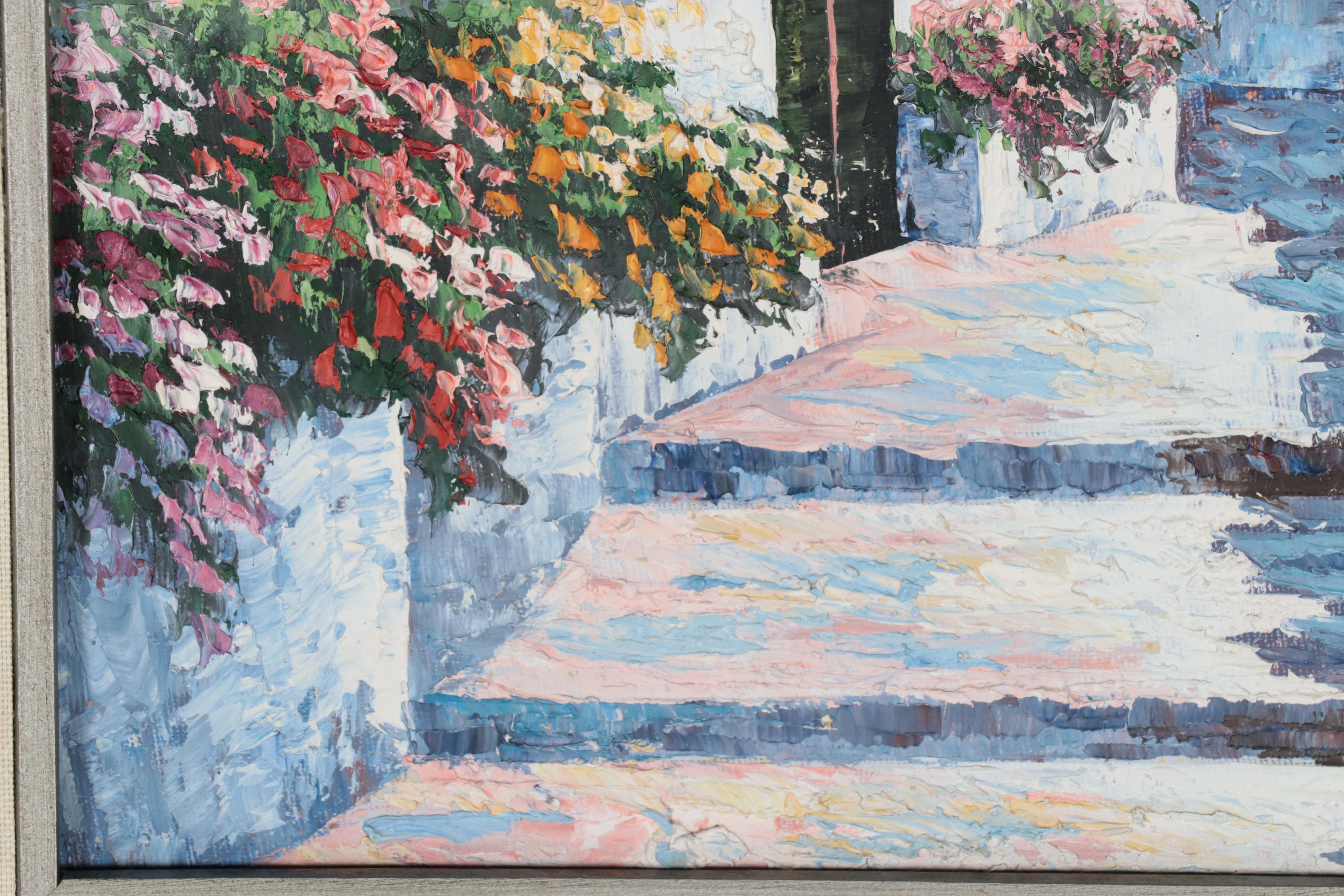 K. Wallis Oil Painting of Coastal Architecture, Late 20th Century