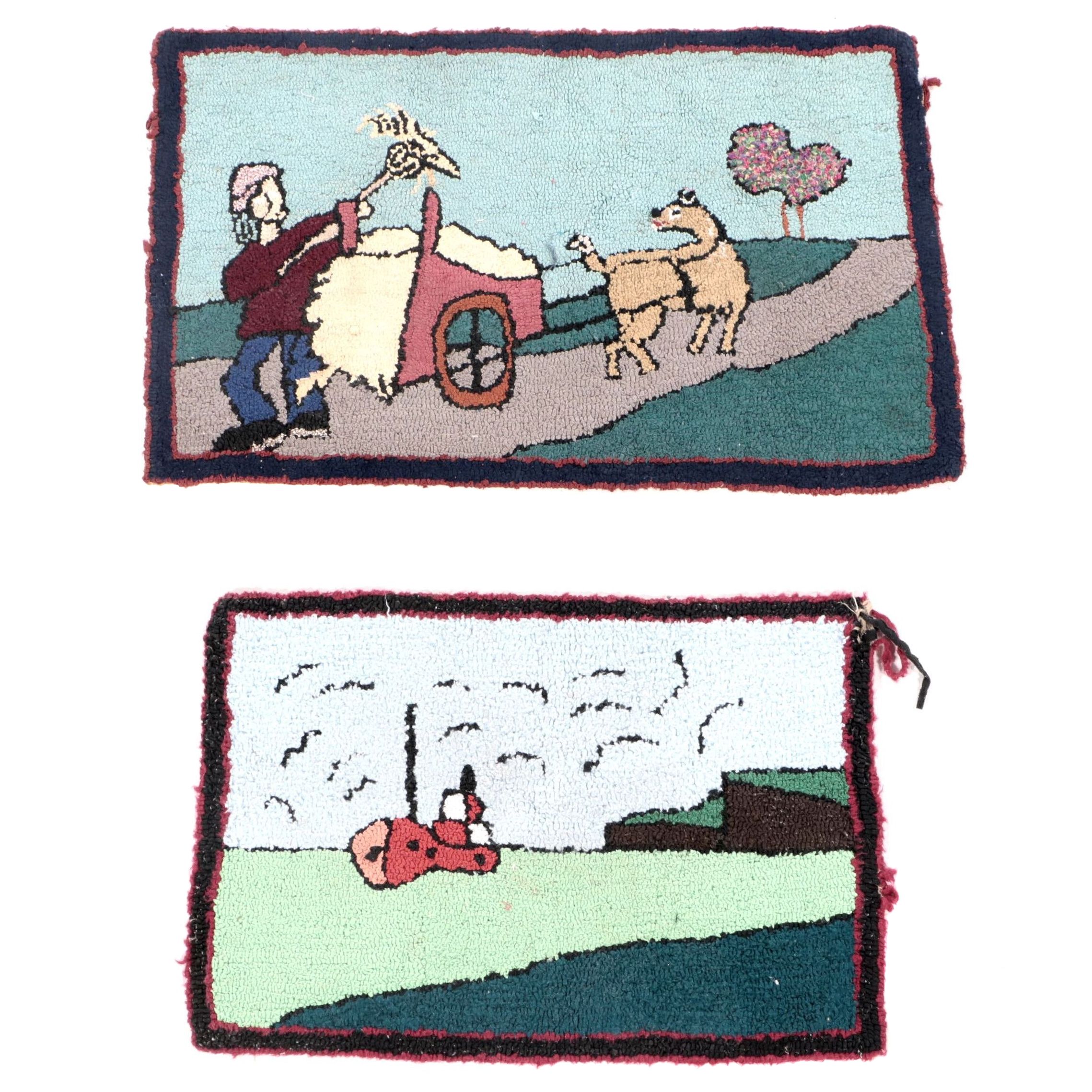 Two Hand-Hooked American Folk Art Style Pictorial Accent Rugs