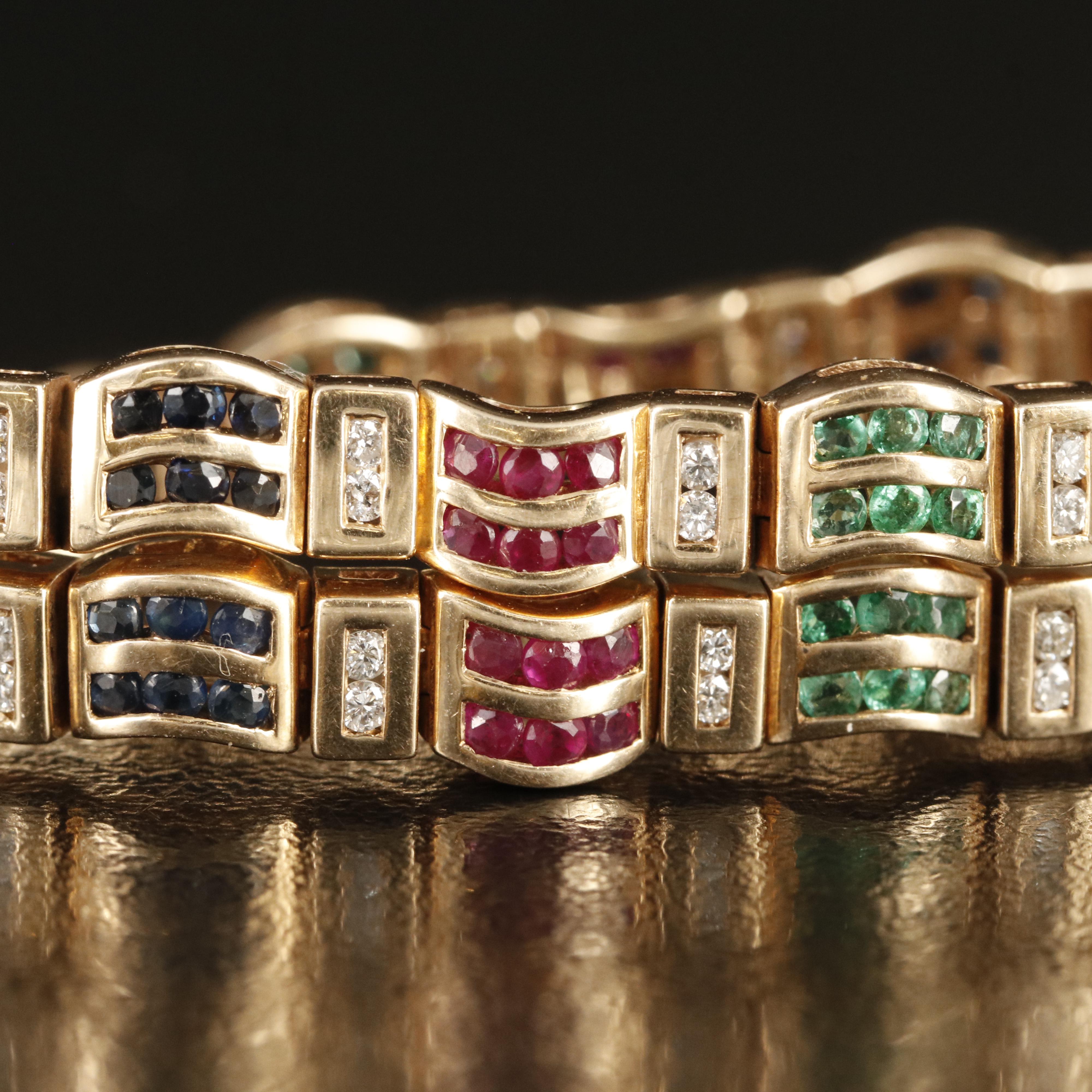 14K Diamond and Gemstone Wave Link Bracelet