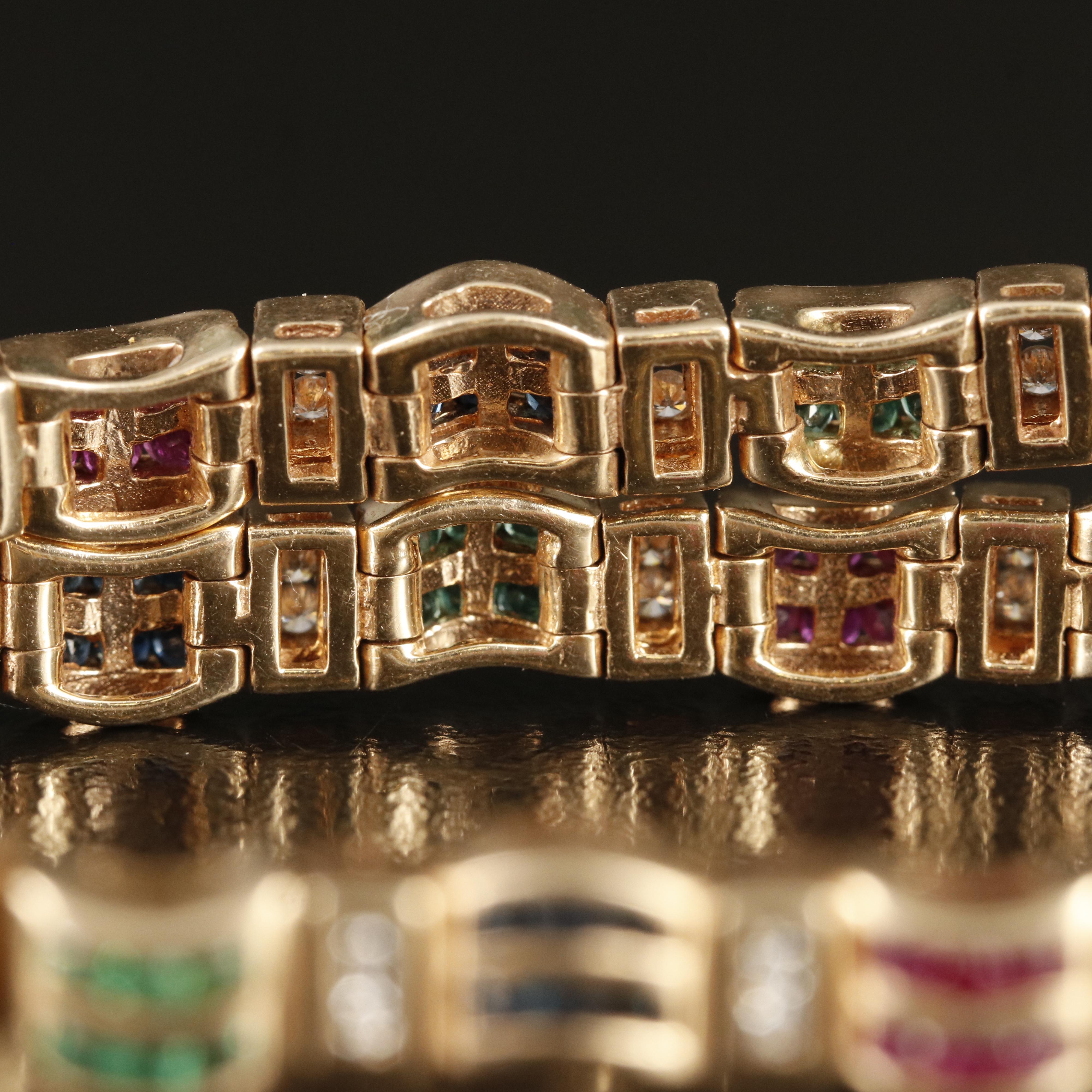 14K Diamond and Gemstone Wave Link Bracelet