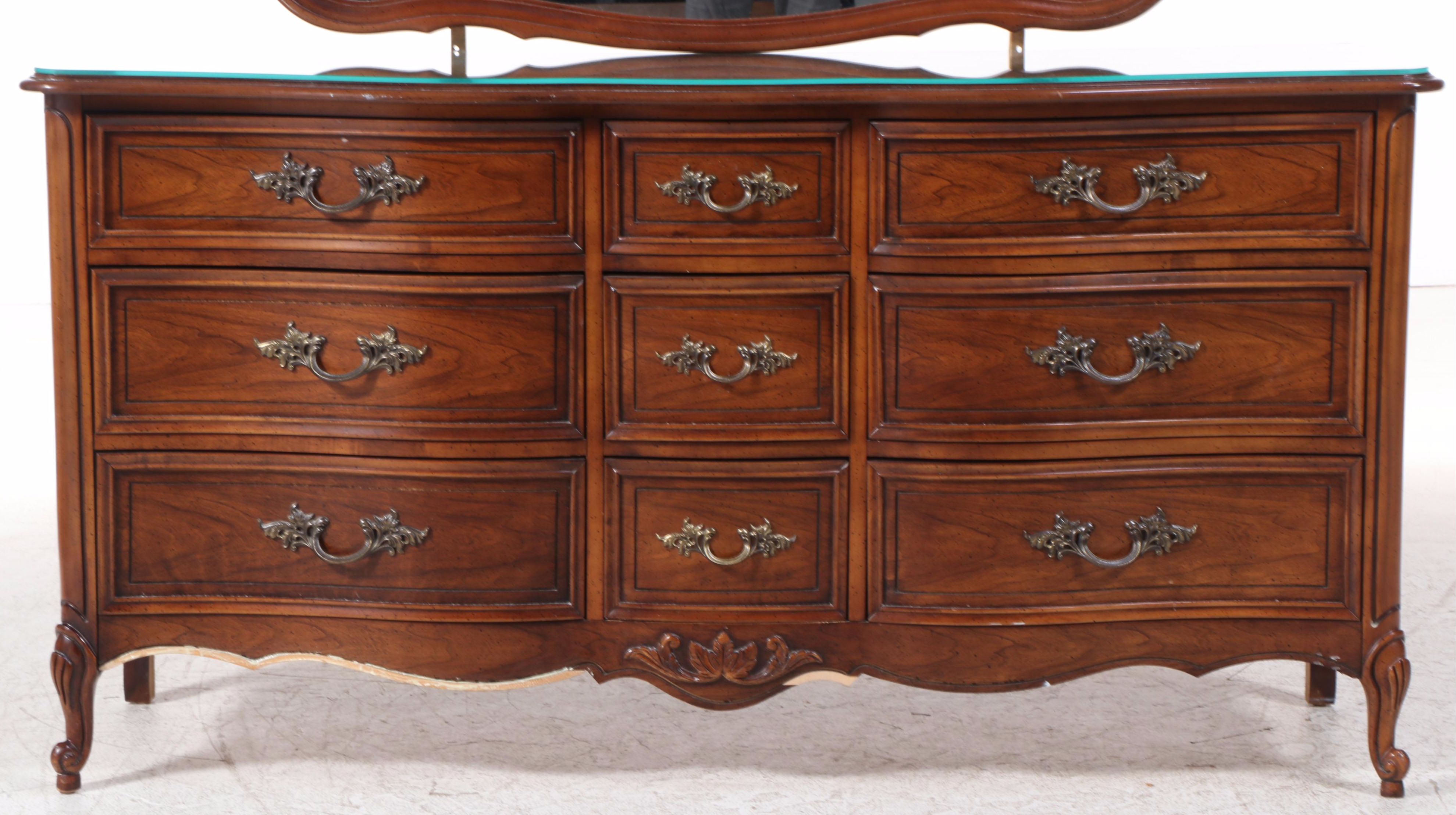 Dixie French Provincial Style Fruitwood-Stained Nine-Drawer Dresser
