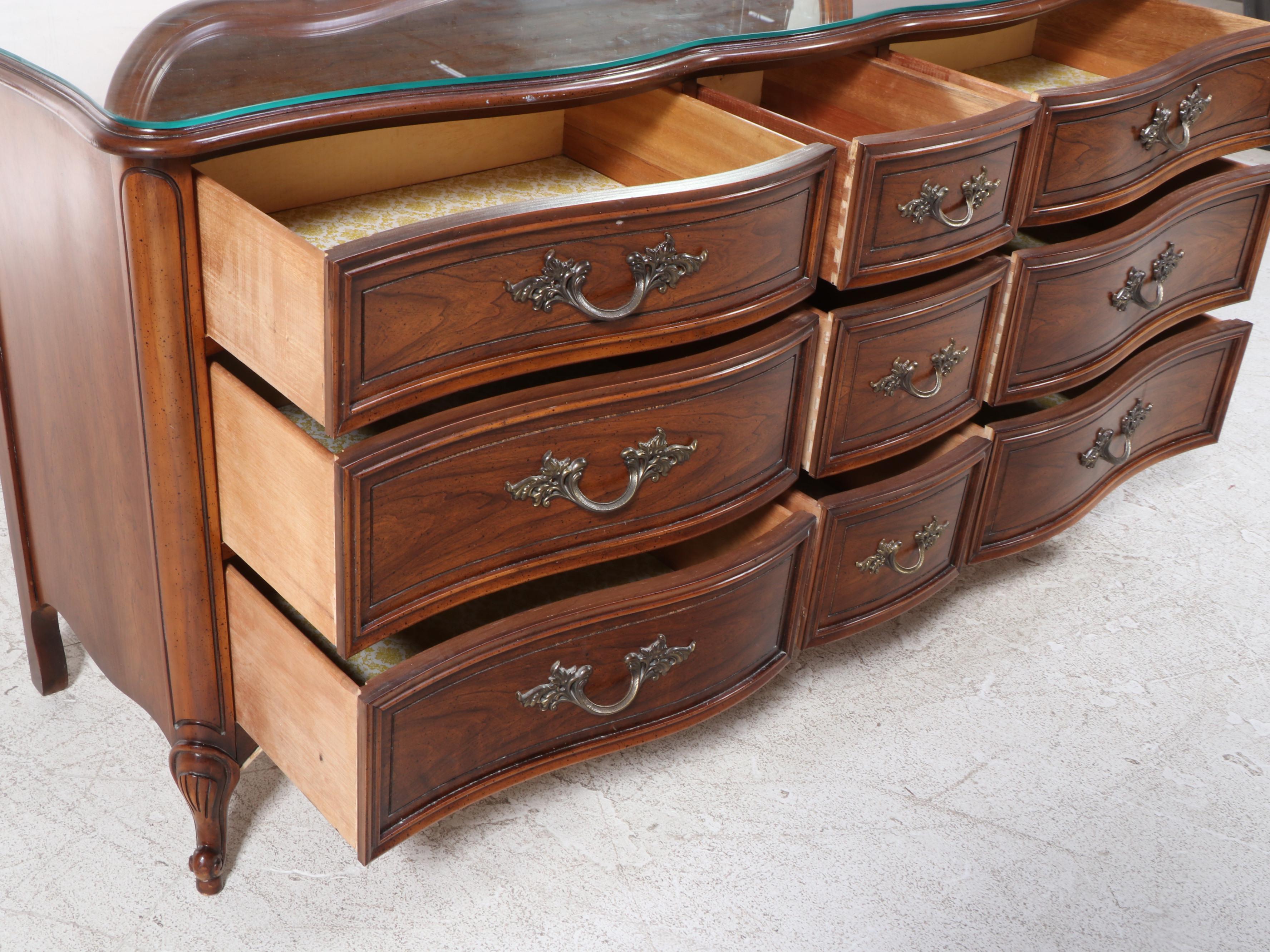 Dixie French Provincial Style Fruitwood-Stained Nine-Drawer Dresser