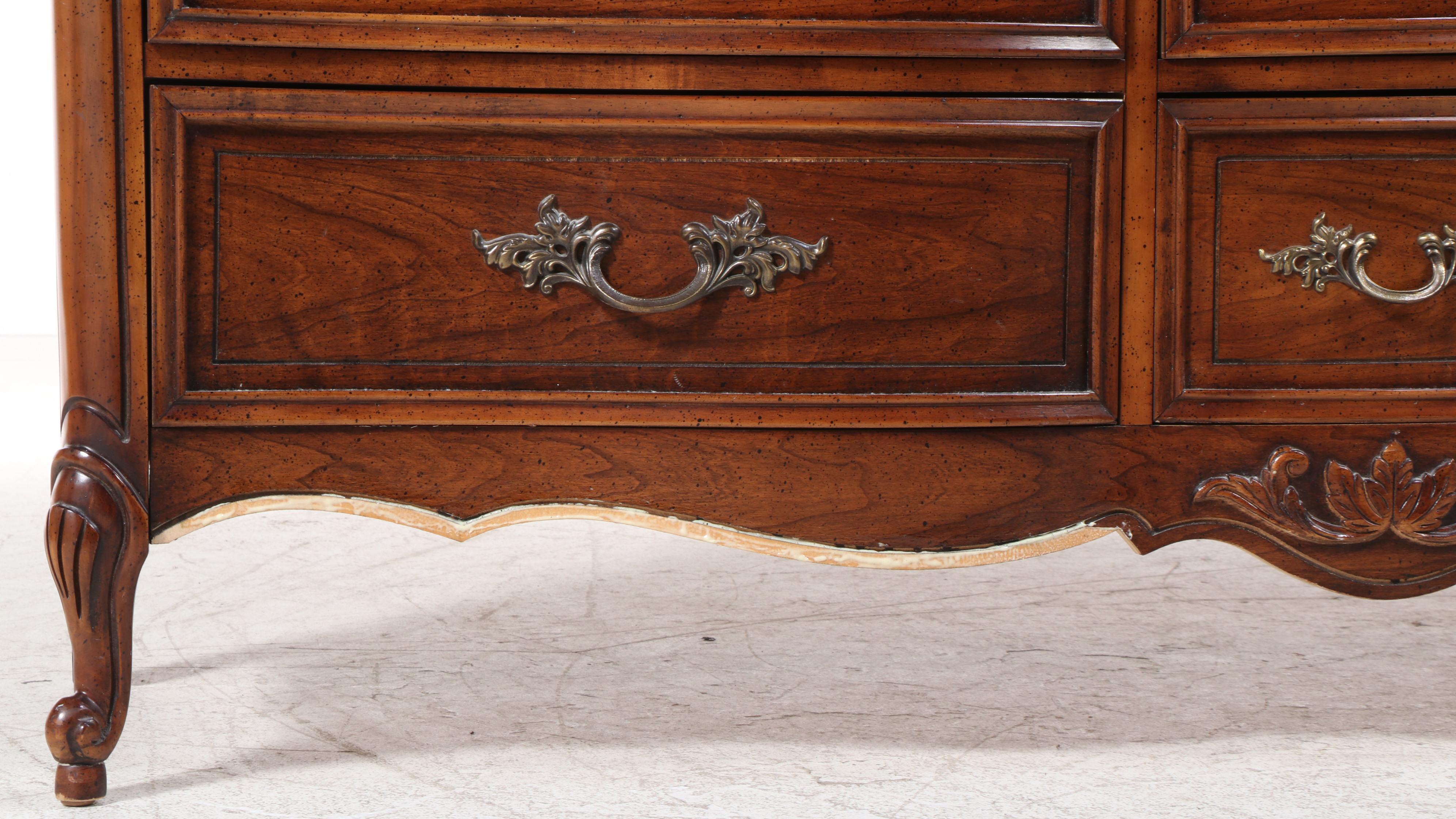 Dixie French Provincial Style Fruitwood-Stained Nine-Drawer Dresser