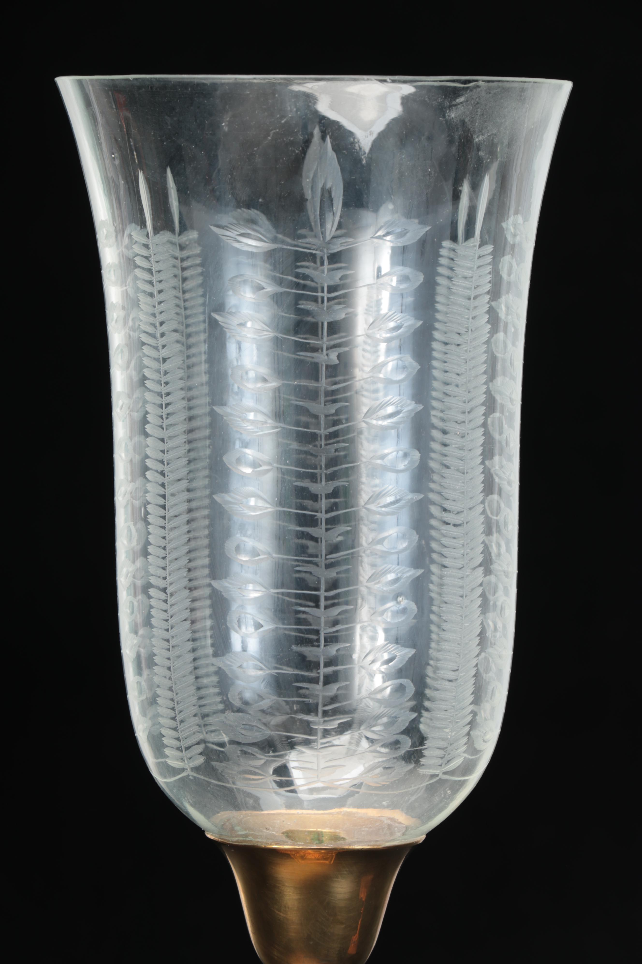 Neoclassical Style Gilt Brass Candlesticks with Etched Glass Hurricanes