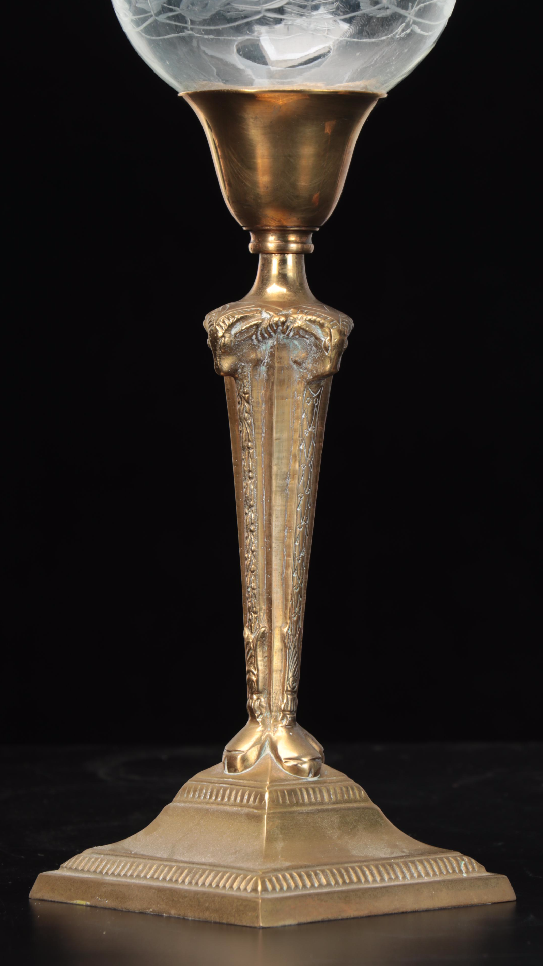 Neoclassical Style Gilt Brass Candlesticks with Etched Glass Hurricanes