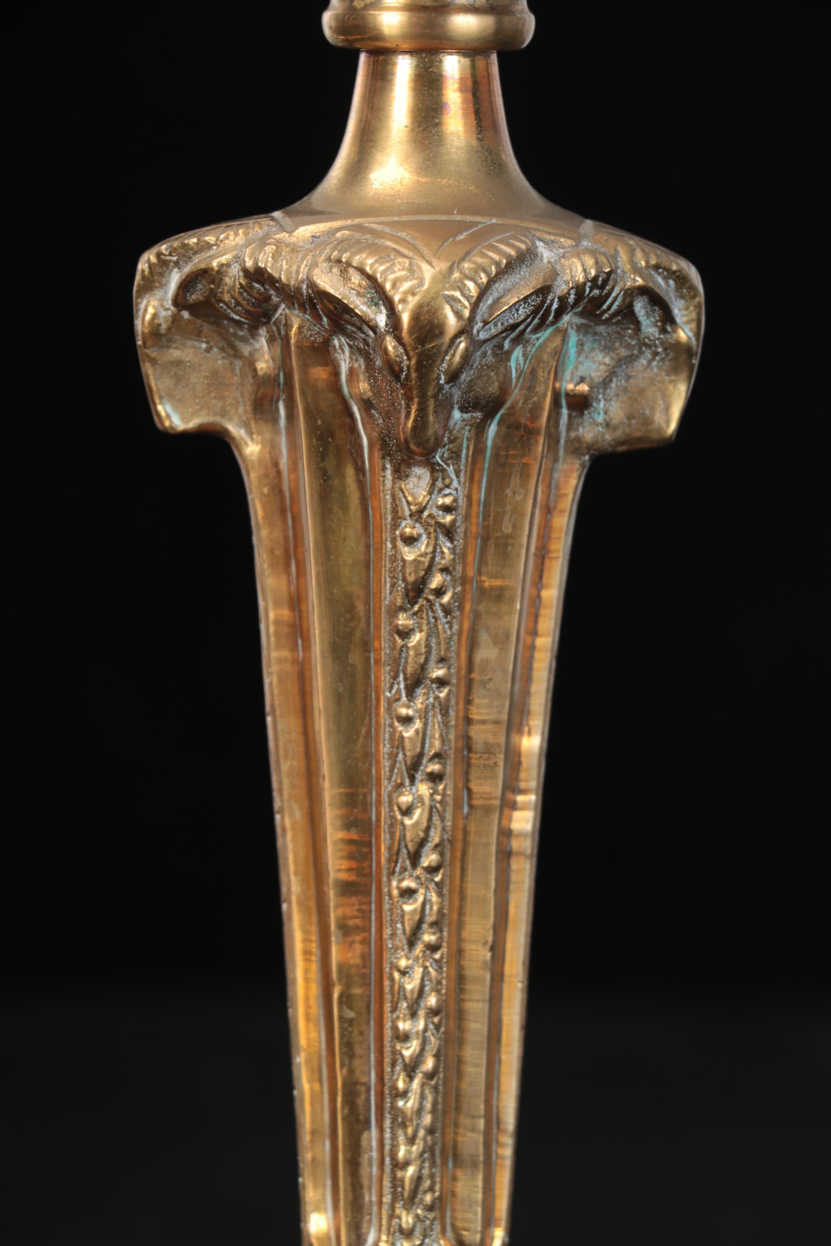 Neoclassical Style Gilt Brass Candlesticks with Etched Glass Hurricanes