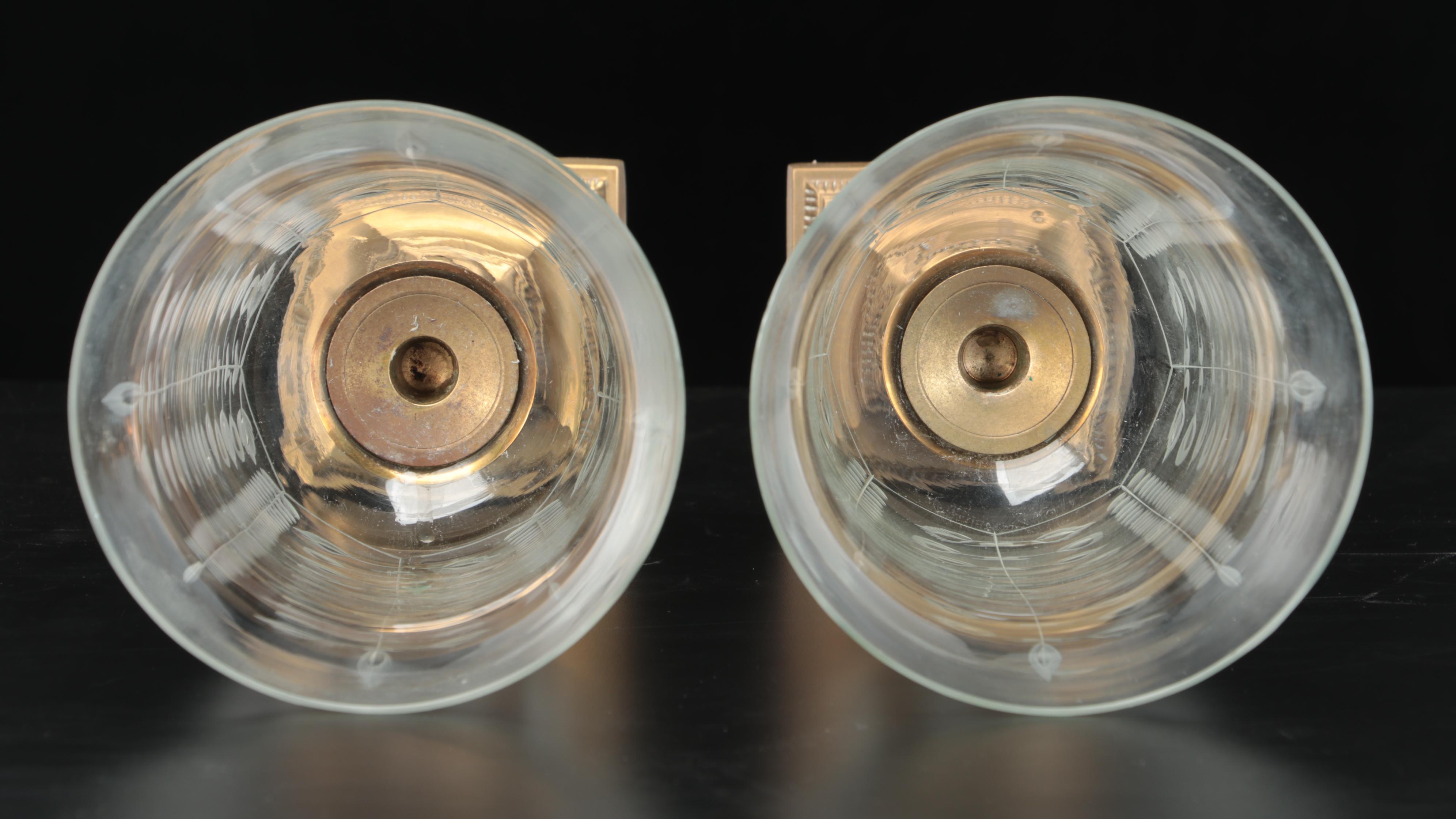 Neoclassical Style Gilt Brass Candlesticks with Etched Glass Hurricanes