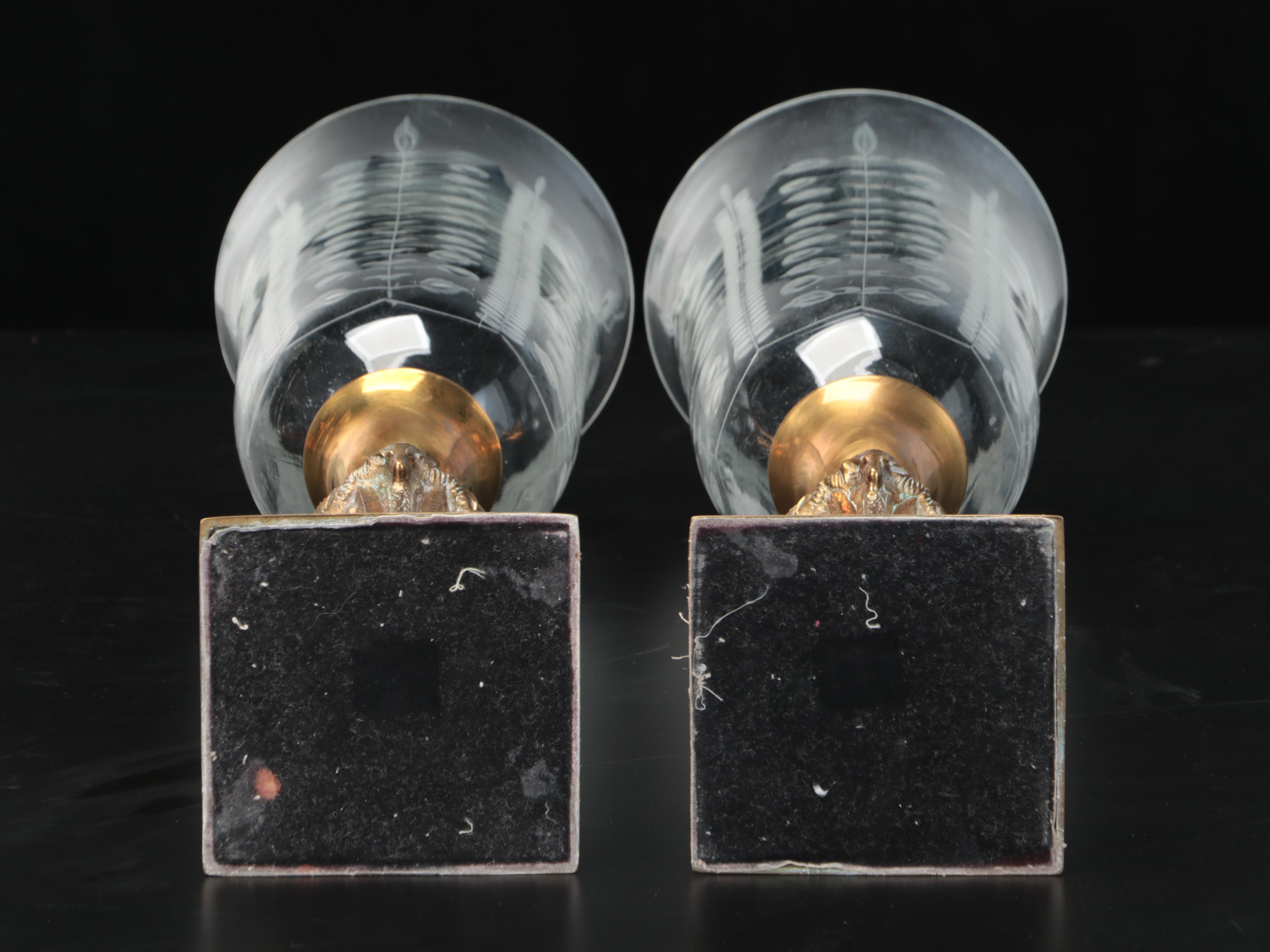 Neoclassical Style Gilt Brass Candlesticks with Etched Glass Hurricanes