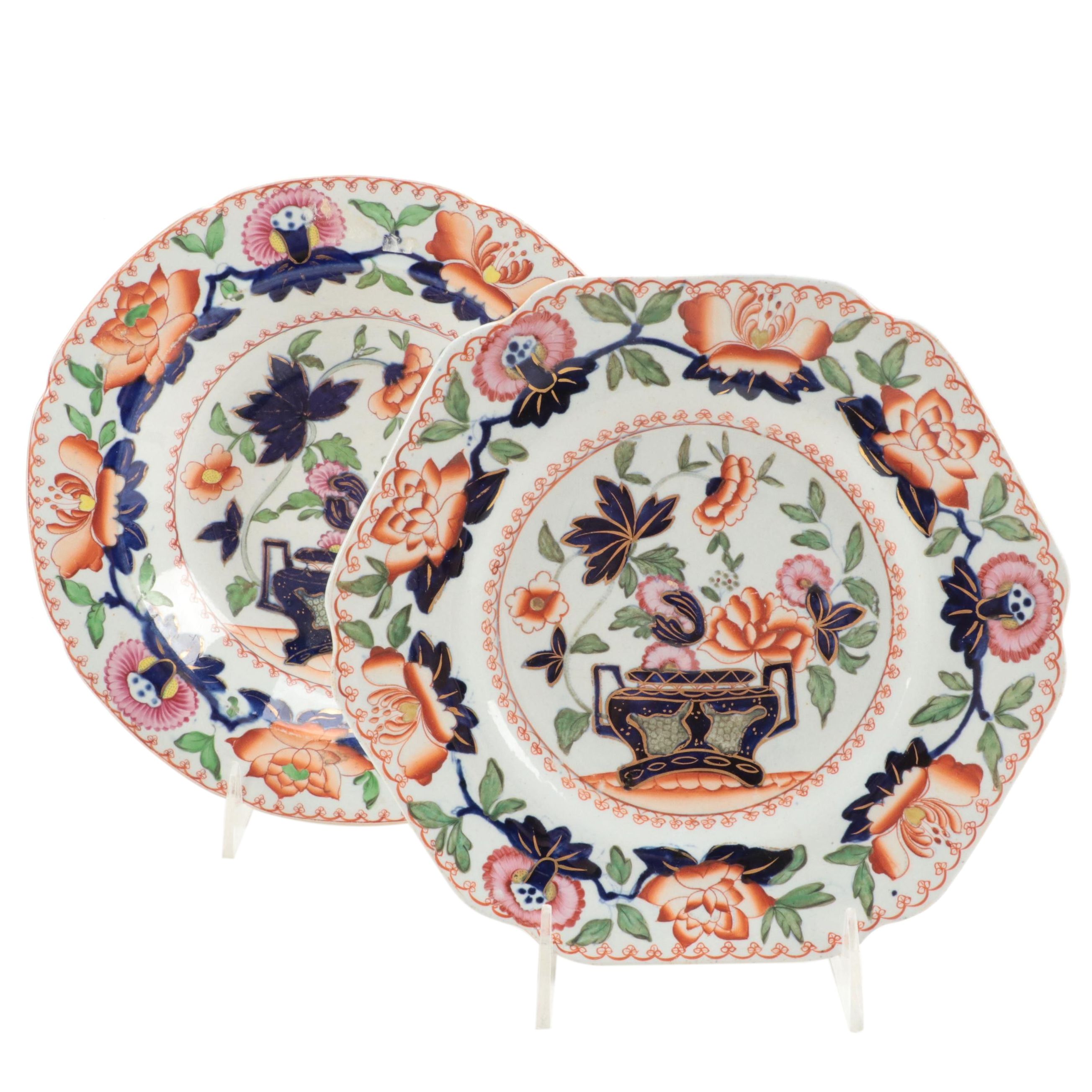 Hicks & Meigh English Imari Ironstone Bowl and Plate, Early 19th Century