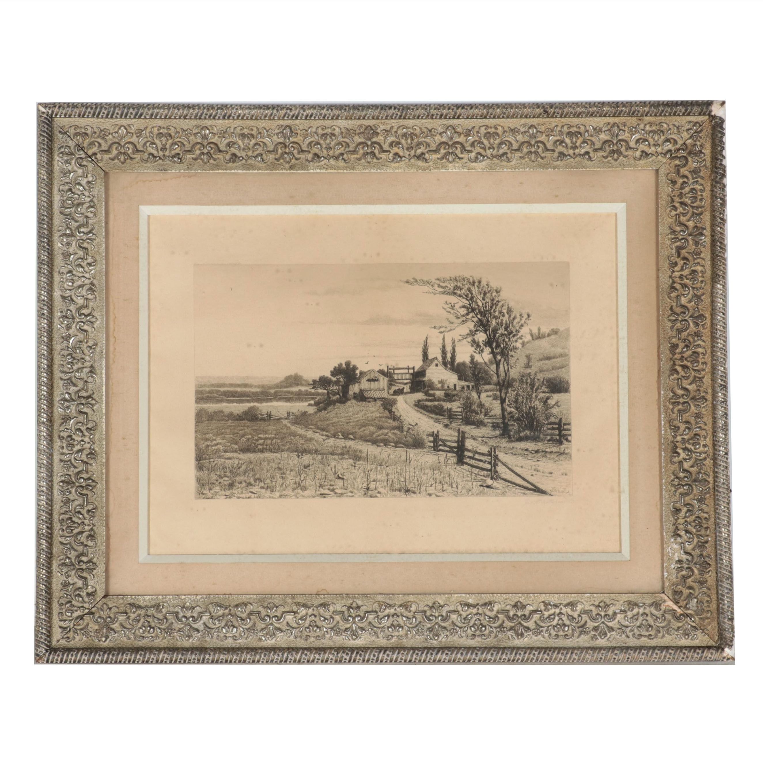 John Hill Millspaugh Etching of Country Landscape, Circa 1875