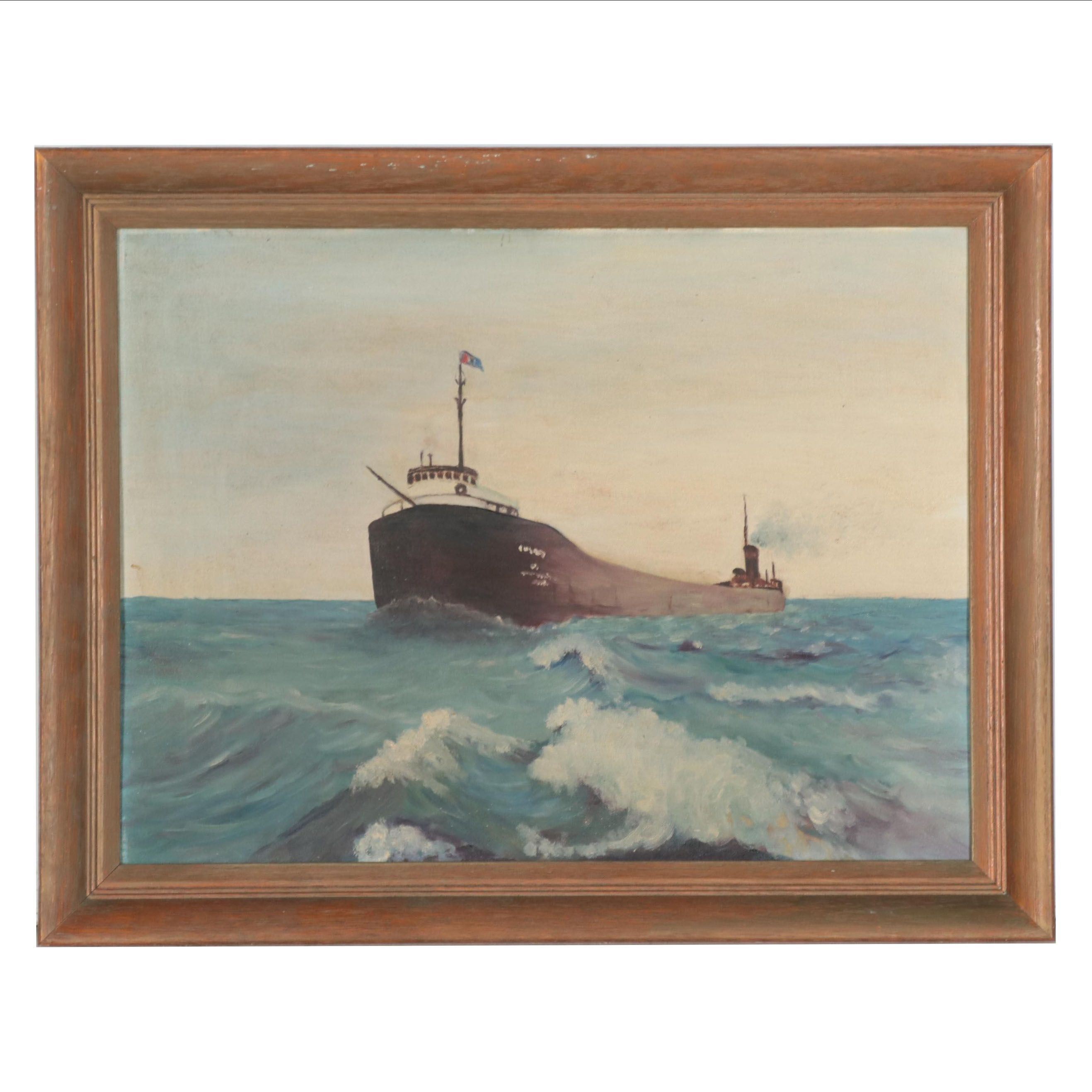 Maritime Oil Painting of Sailing Ship, Circa 1970