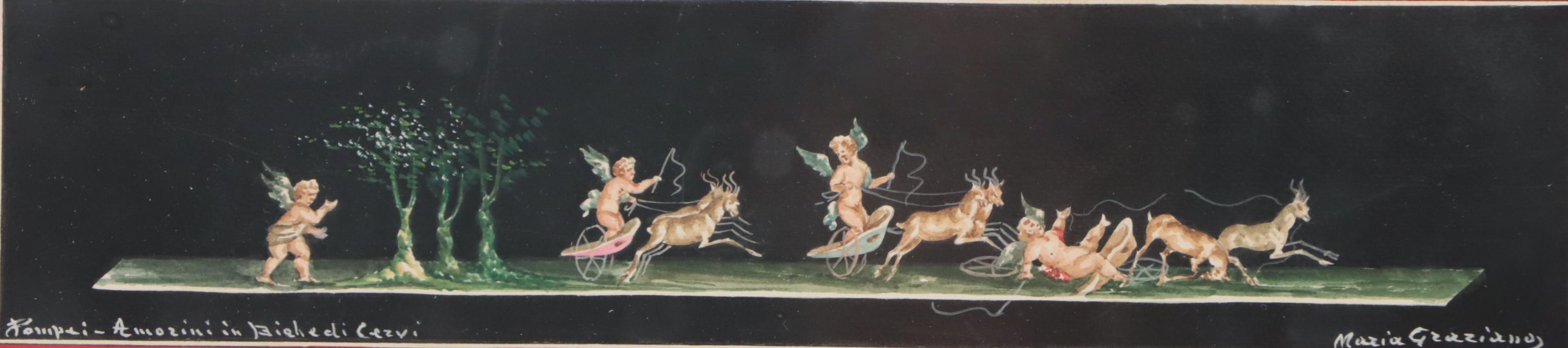 Maria Graziano Gouache Painting "Pompei - Amorini in Bighelli Cervi"